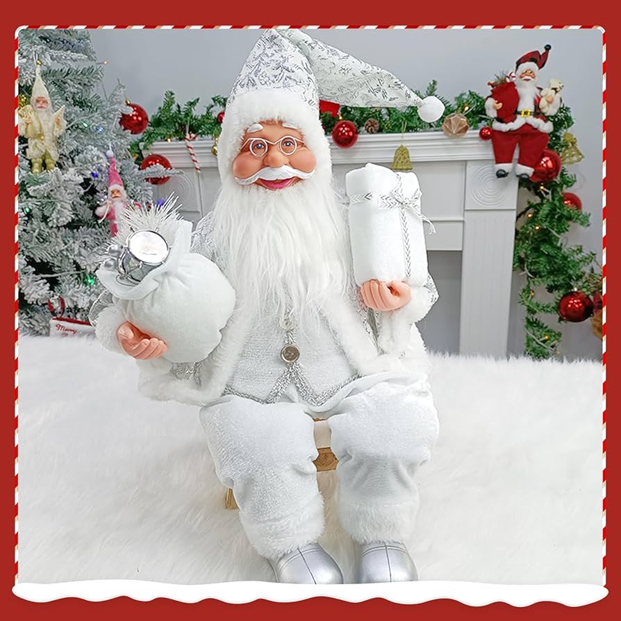 大きな白いサンタクロース　 人形 　ホワイトサンタ 　 置物　身長45㎝ Amazon | サンタクロースフィギュアホワイト/ツリー＆ベアー47cm