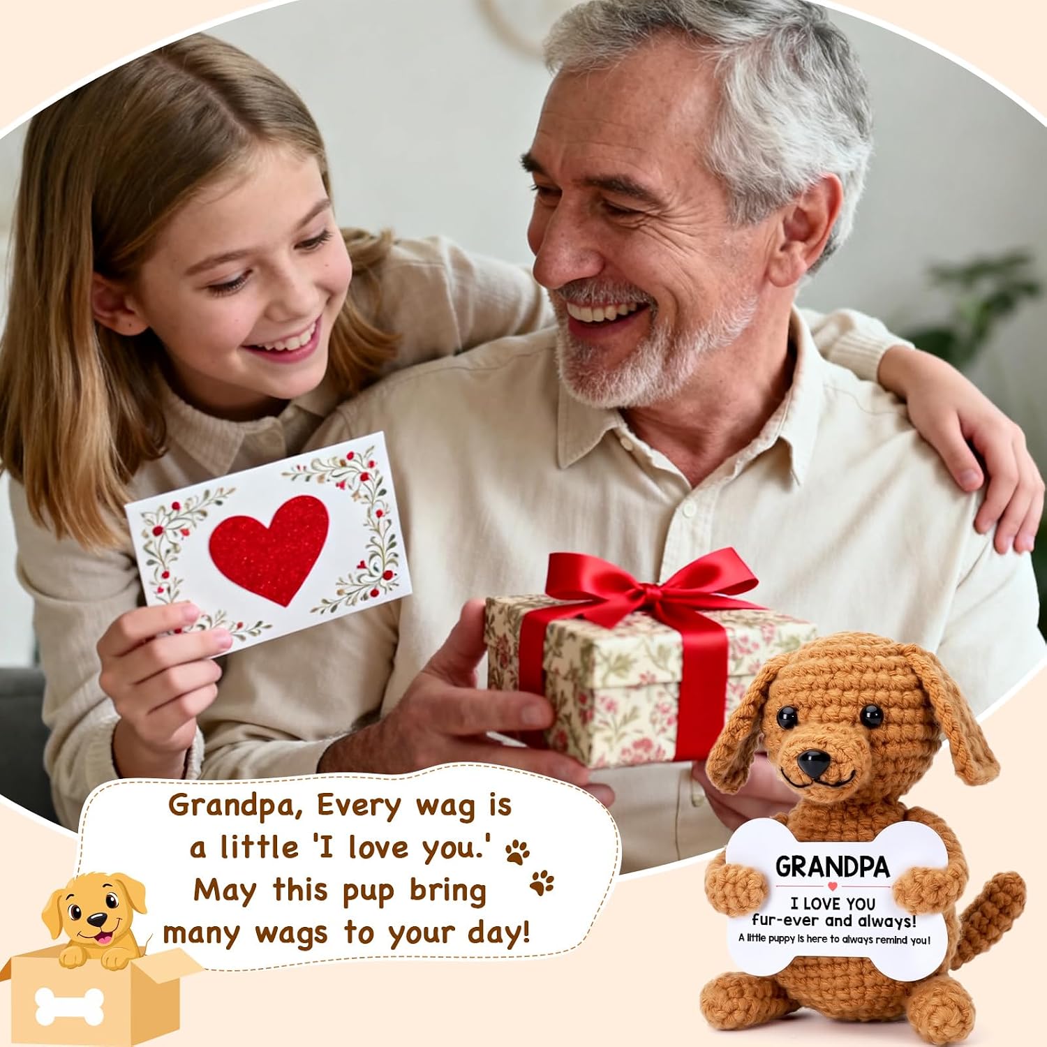Funny Dog Fathers Day Grandpa Gifts from Grandkids, Father’s Day Birthday Gifts for Grandpa from Granddaughter Grandson, Grandfather Granddad Presents Cool Things Cute Stuff, Small Happy Crochet Dog