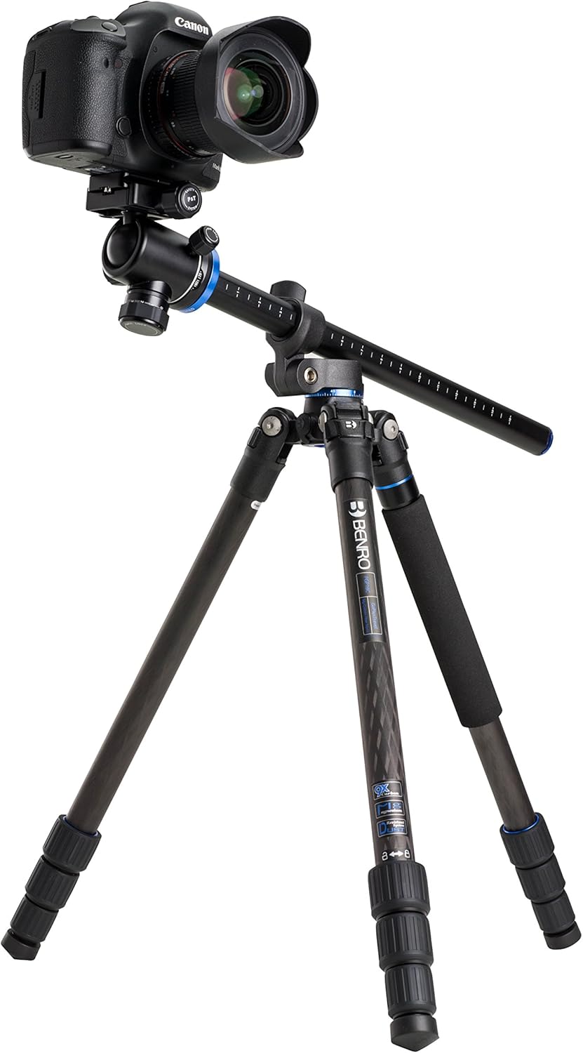 Benro SystemGo Plus Carbon Fiber Tripod with horizontal column and camera, wide view
