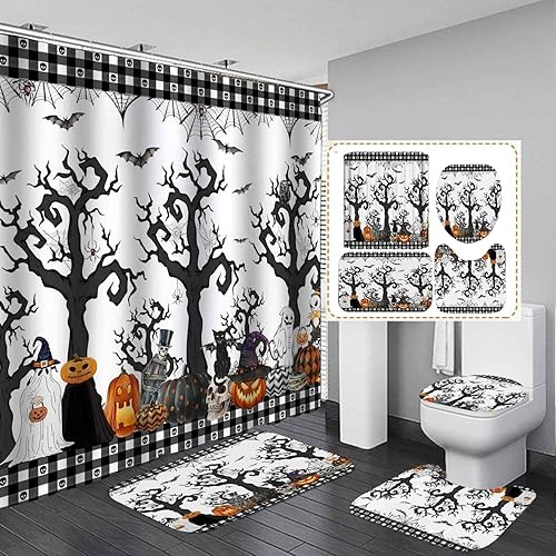 Vista 13 de Juego de 4 cortinas de ducha de calabaza de Halloween con alfombras, cortina de ducha gótica, cortina de ducha negra de tela impermeable, terror