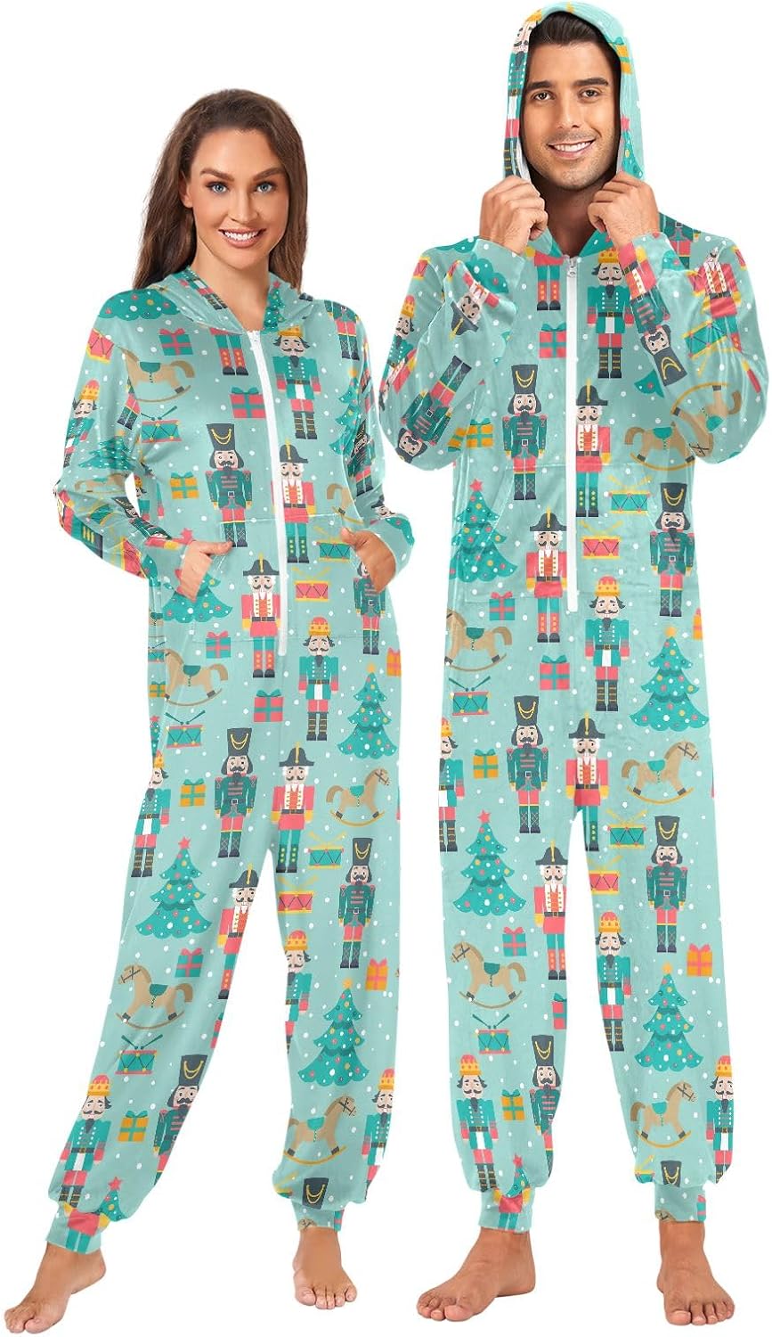 ODAWA Christmas Nutcrackers Trees Onesie Adult Pajamas for Women Men One-Piece Pajama Jumpsuits Zip Front S
