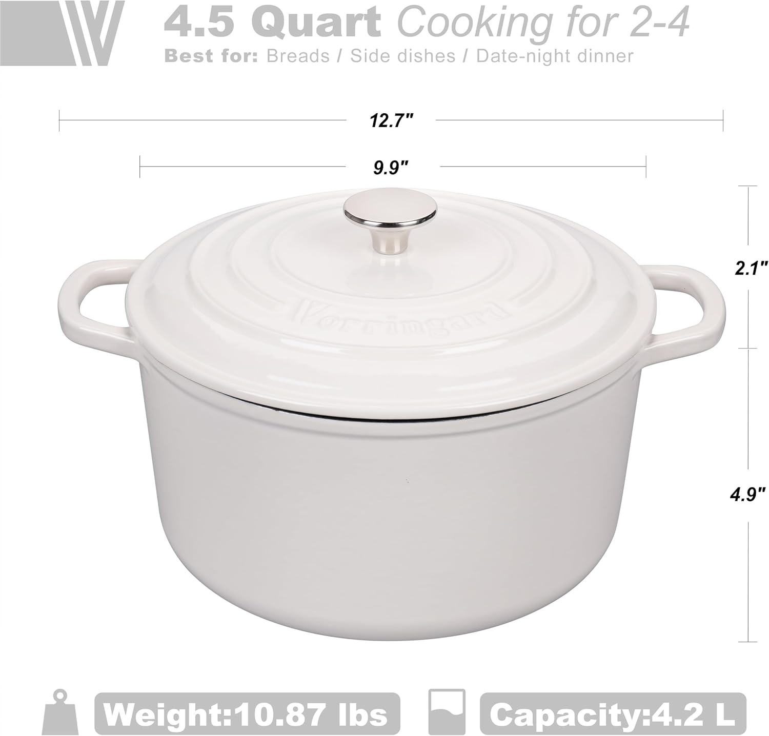 Enameled Cast Iron Dutch Oven Pot with Lid, for Sourdough Bread Baking, Round Dutch Ovens, 4.5 Quart, White 4.5 QT White