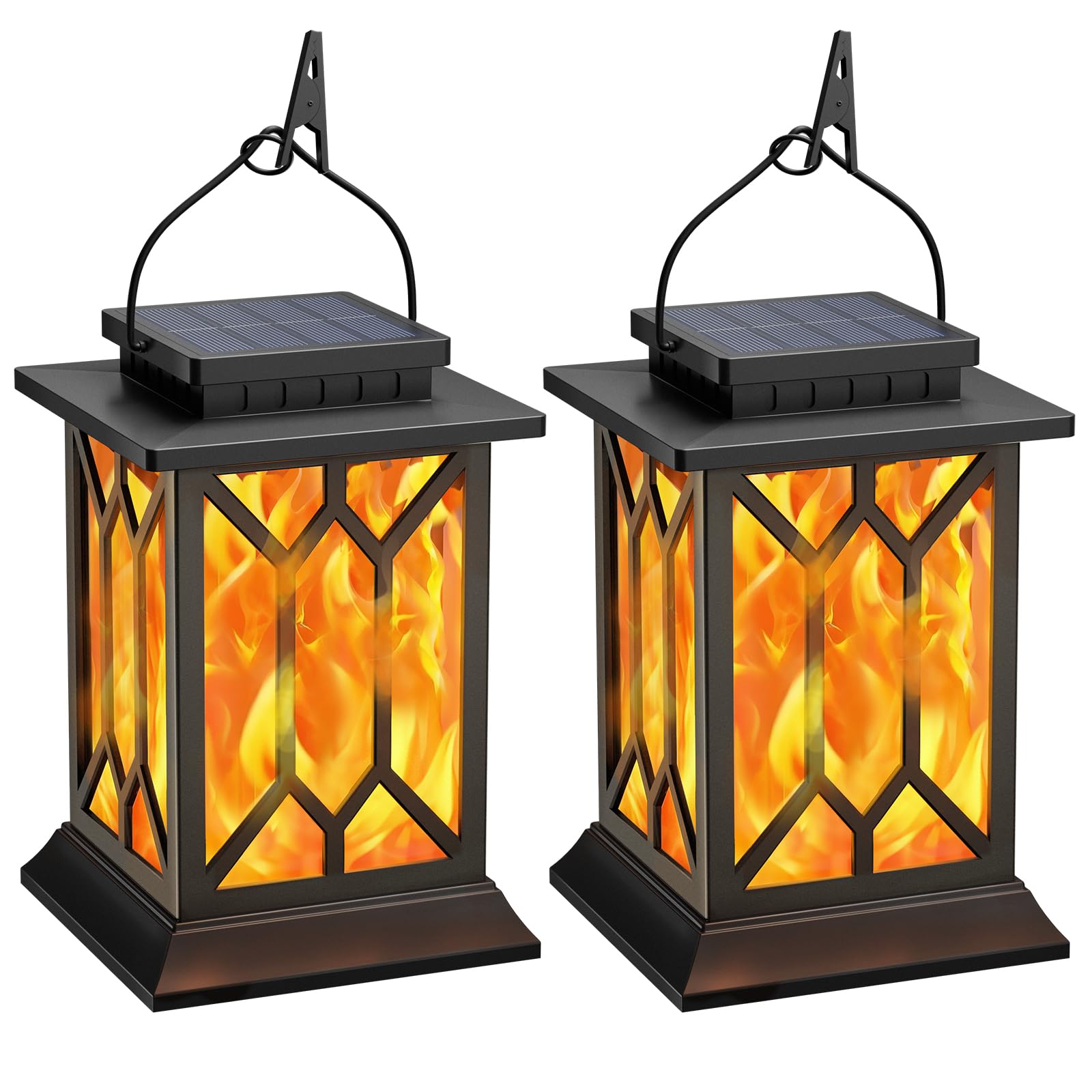 BOBKID Confezione da 2 lanterne solari per esterni, impermeabili, con fiamma tremolante, lampade decorative a energia solare, per esterni, giardino, cortile, patio, sentiero, decorazione per alberi