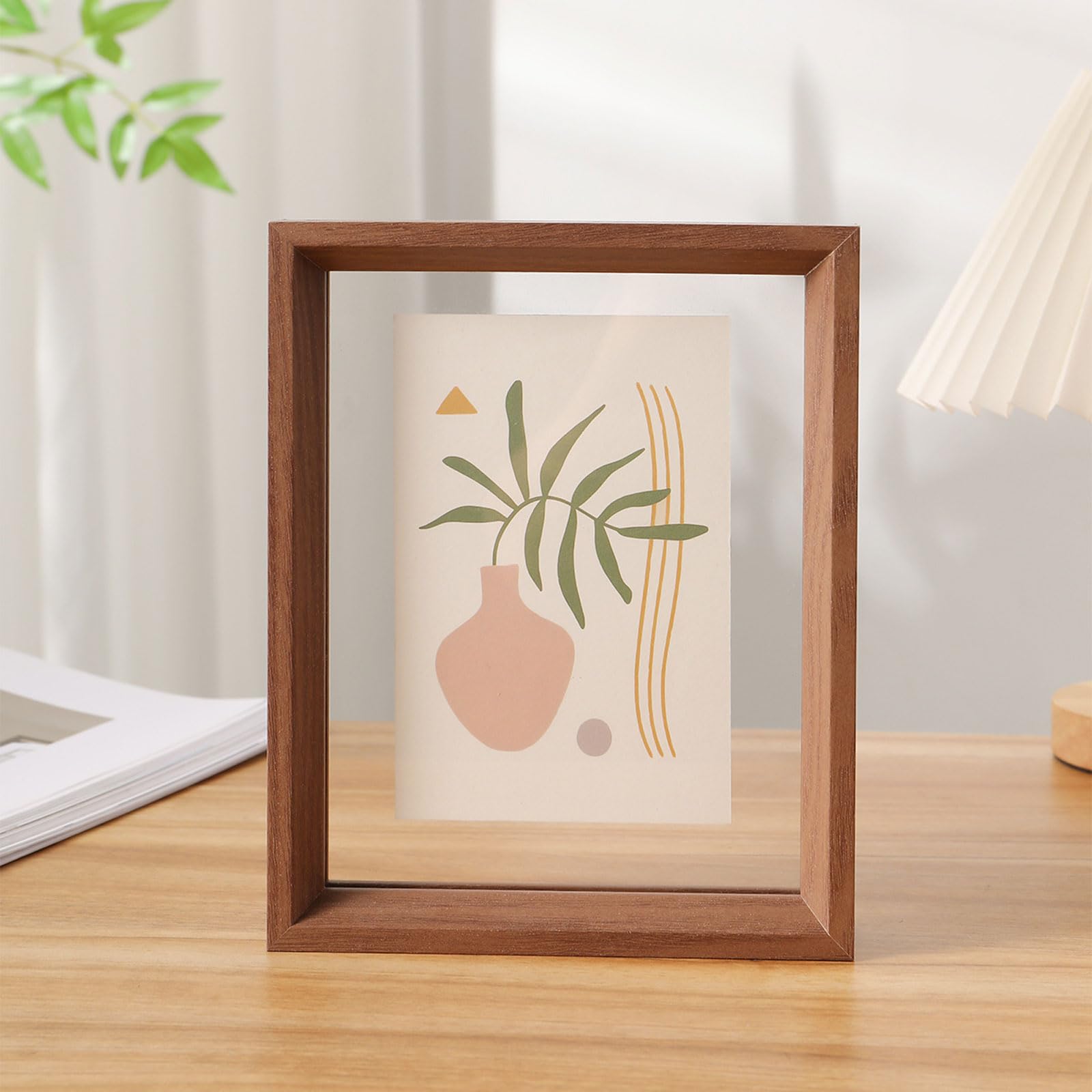 Double Sided Floating Photo Frame, 2-Sided Wood Acrylic Frame, Dustproof, MultiColor, MultiSize, Postcards, Photos, Specimens(Walnut Color,8 inches)