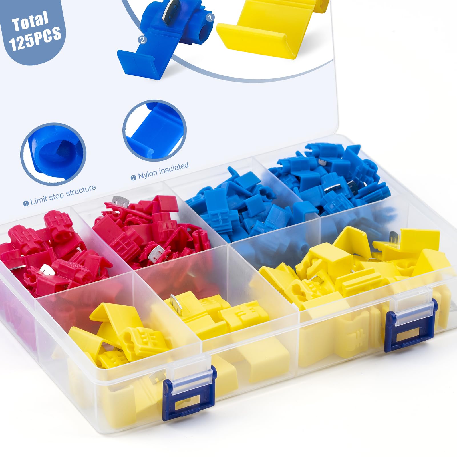 AIRIC 125 Pcs Wire Splice Quick Snap Connectors Kit, ​22-10 AWG Solderless Self Stripping Splicers Terminals, Connect Terminal Double Run Crimp Connector for 22,20,18,16,14,12,10 Gauge