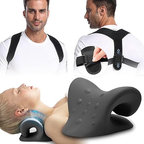 Estirador de cuello y corrector de postura para mujeres y hombres, tracción cervical para alineación de la columna vertebral, soporte ajustable para