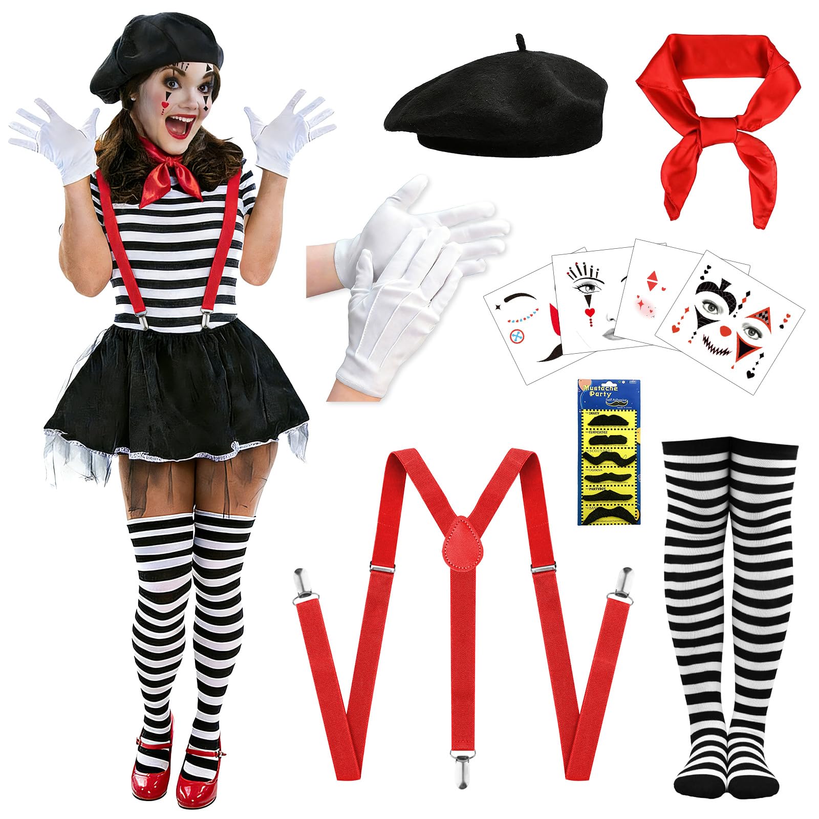 GEEKEO Disfraz Mimo Mujer Carnaval - Disfraz de Payaso Circo 10 Piezas que Boina, Tirantes Ajustables, Guantes y Medias Carnaval Accessorie Mujer Hombres Disfraces Cosplay Carnaval Fiesta Temática