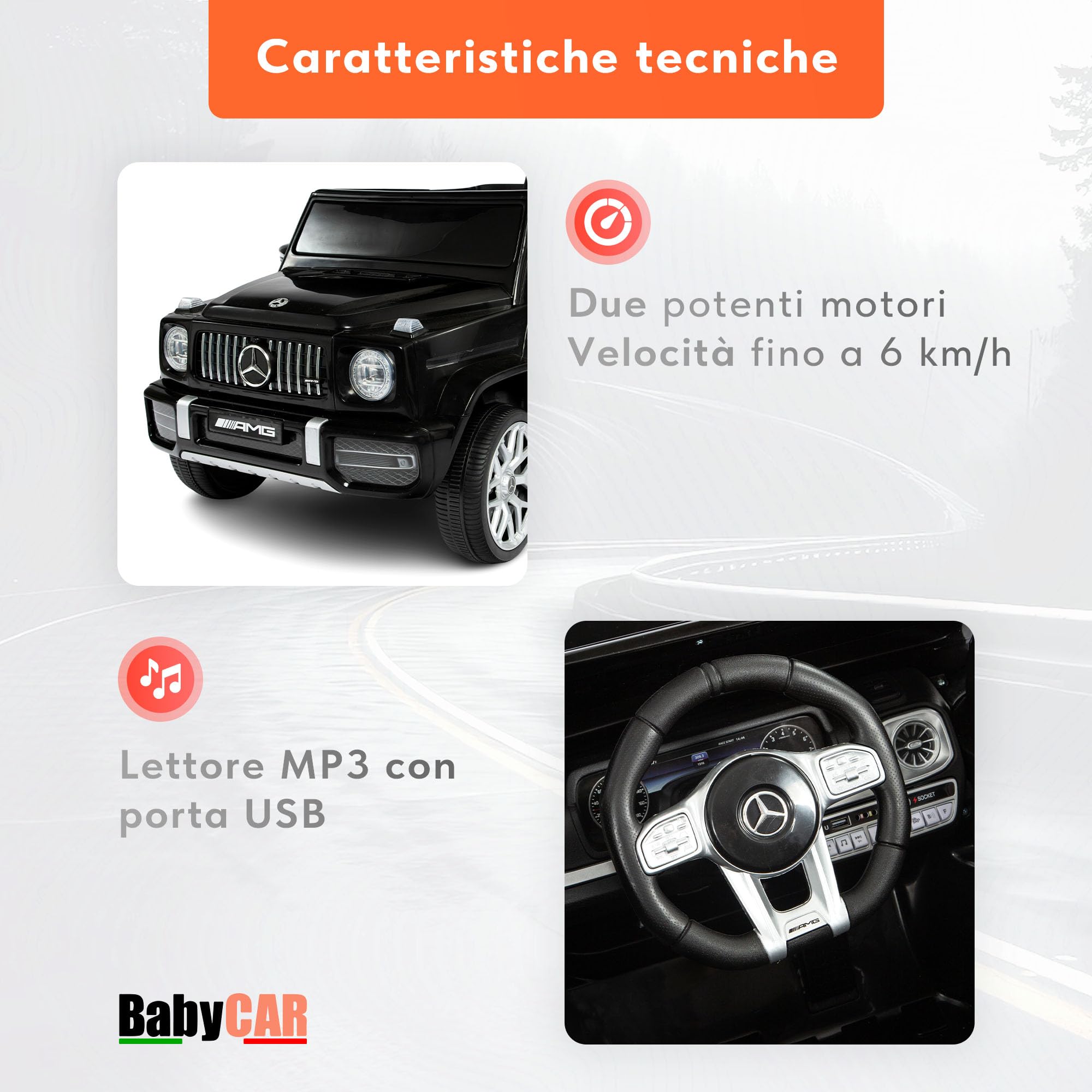 BabyCar Mercedes G63 Sport | Macchina per Bambini Elettrica Telecomandata 12V con 2 Motori 25W | Auto Elettrica per Bambini con Sedile in Pelle, Porte Apribili, USB | Licenza Ufficiale | Nero, MP3