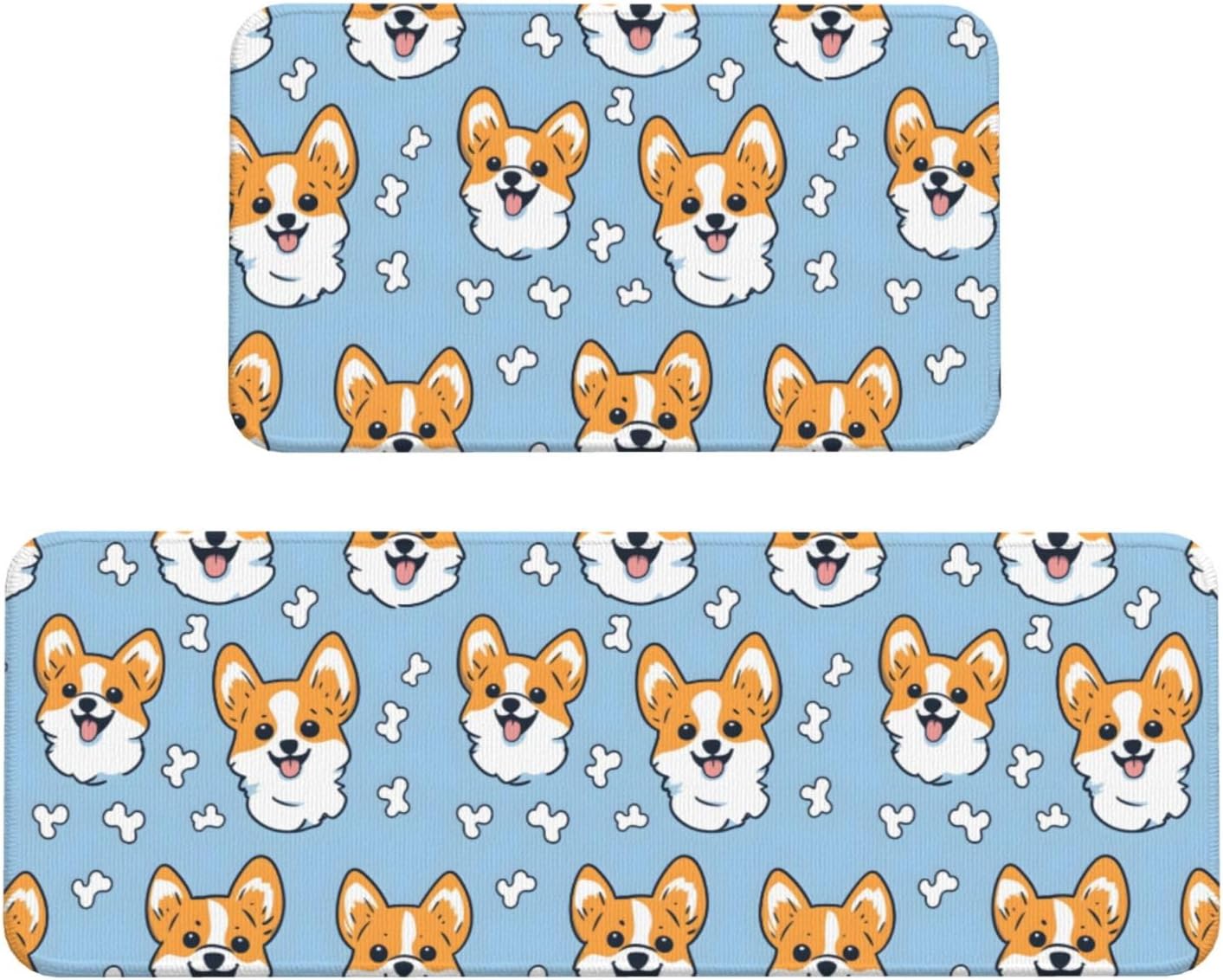 Cute Puppy CorgiPrint Kitchen Rugs Sets of 2 Non Slip Washable, Anti Fatigue Kitchen Mats for Floor, Home Decor