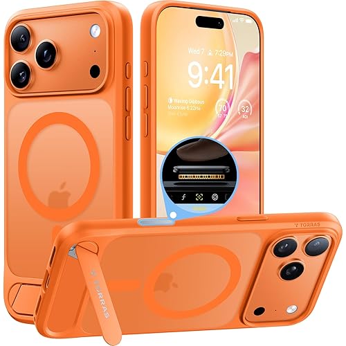 TORRAS Strong Magnetic & Seamless Stand for iPhone 17 Pro Max Case, Fit for MagSafe, Military Grade Drop Protection, Adjustable Kickstand for iPhone 17 Pro Max Case Translucent Matte Cosmic Orange