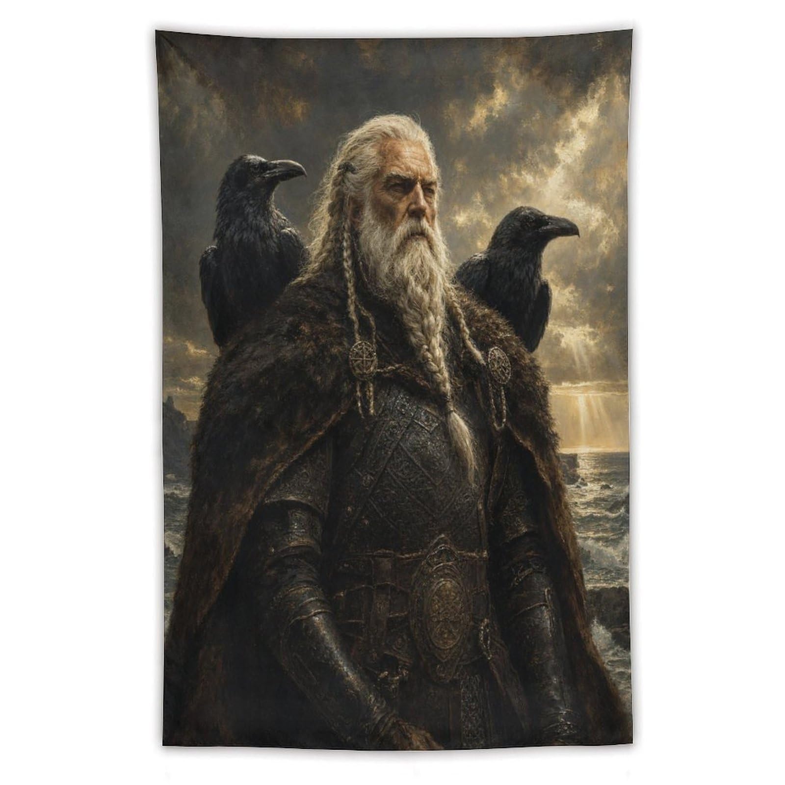 W7C8U2X3 Odin with Ravens Wall Tapestry, Realistic Illustration, Entryway