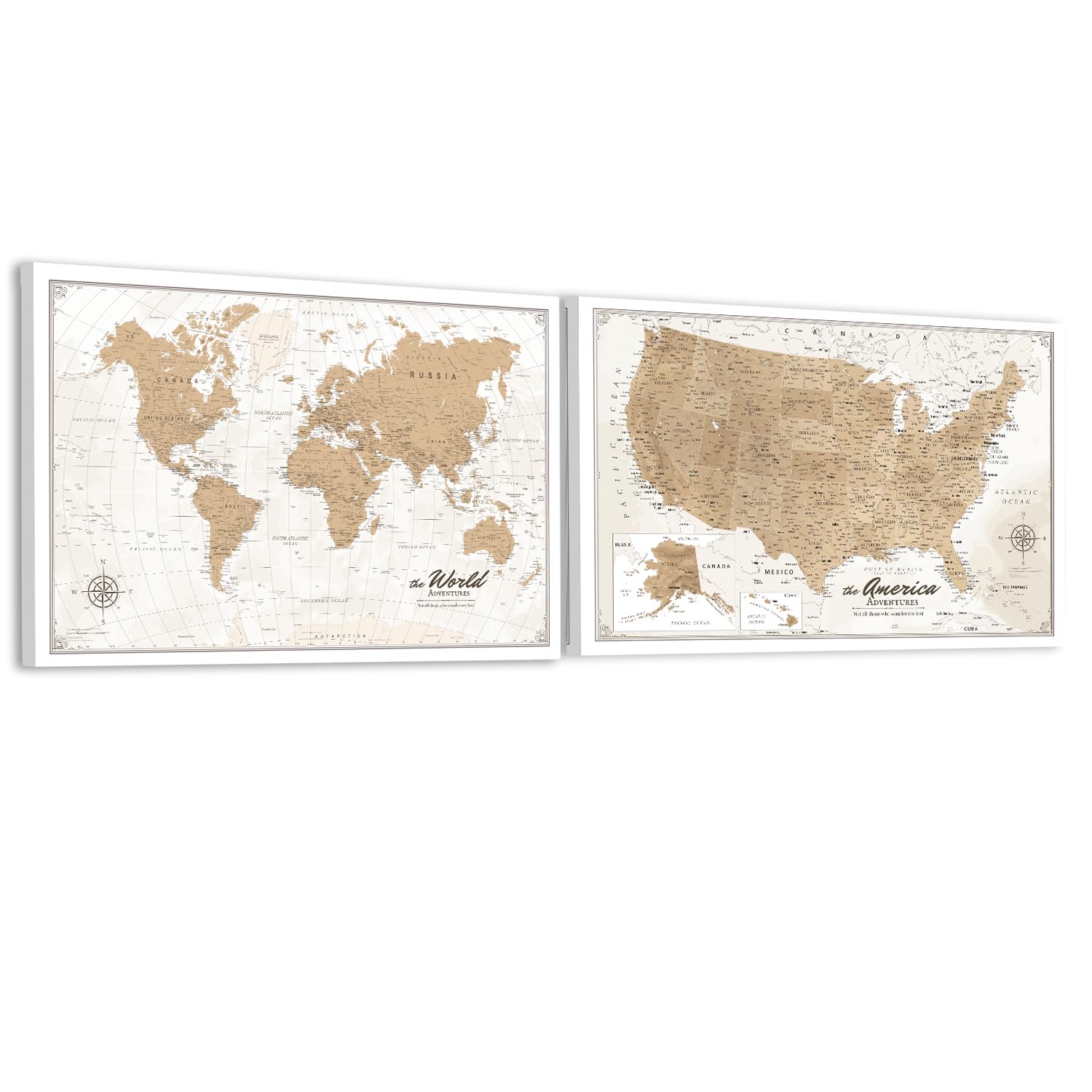 IPIC Vintage World Maps for Wall, World Map Canvas, Total Size 42x28 in