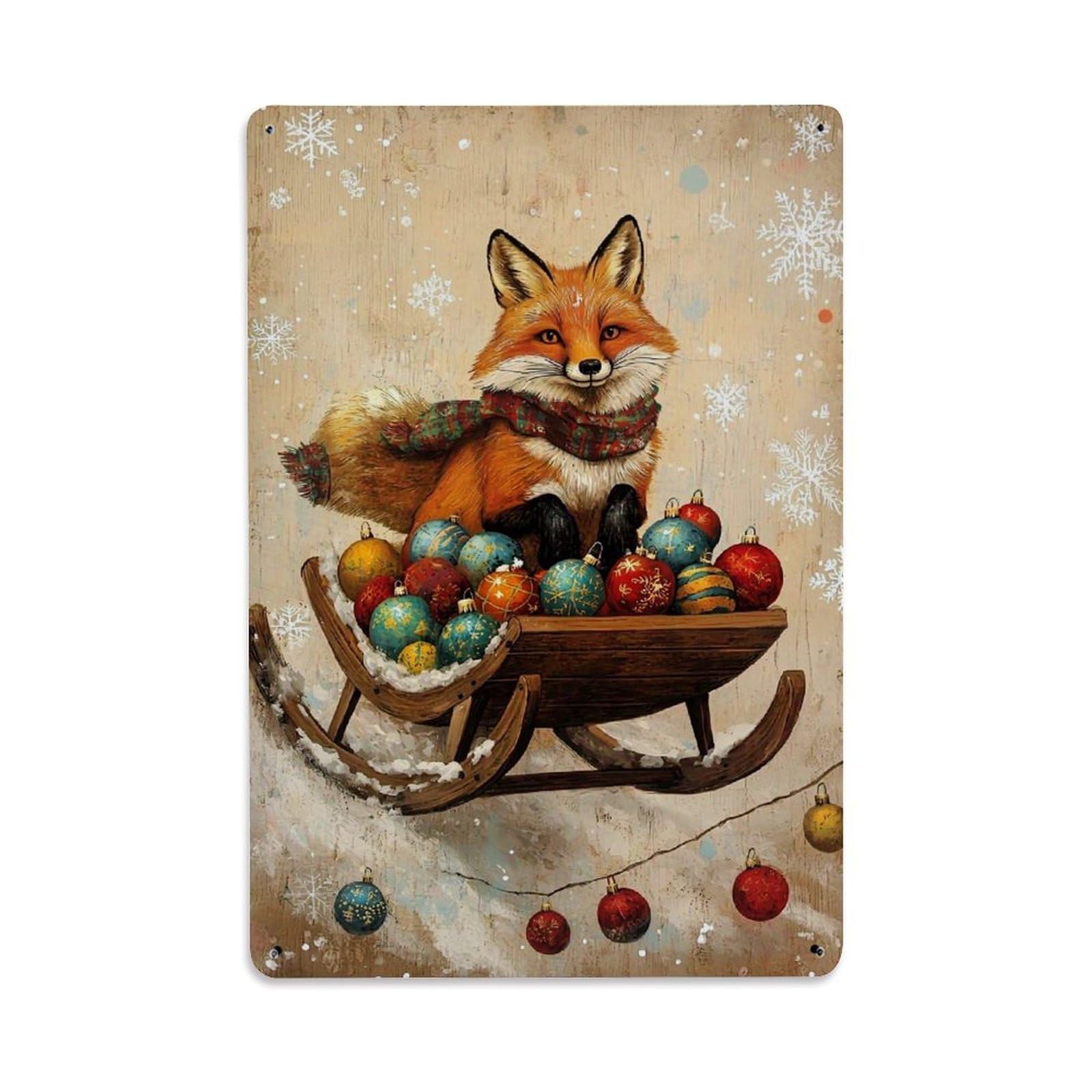 Jdfenggu Vintage Fox Sleigh Ornaments Snowflakes Scarf Retro Metal Tin Sign, Decor Art Poster For Bar, Home, Man Cave, Kitchen, Laundry Room Gift 8X12inch