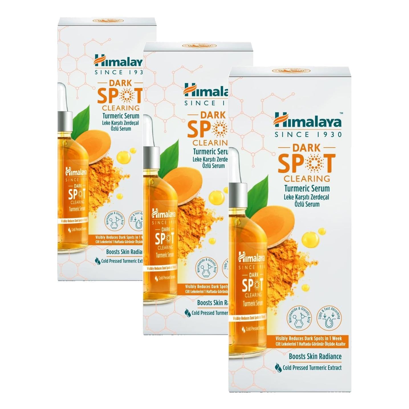 Himalaya Since 1930 Dark Spot Clearing Leke Karşıtı Zerdeçal Özlü Serum 30 ml, Niacinamide%2, Glikolik Asit 10% (3 paketi)