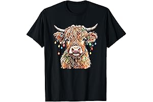 Fluffy Scottish Highland Cow Wearing Festive Christmas Lights X-mas T-Shirt