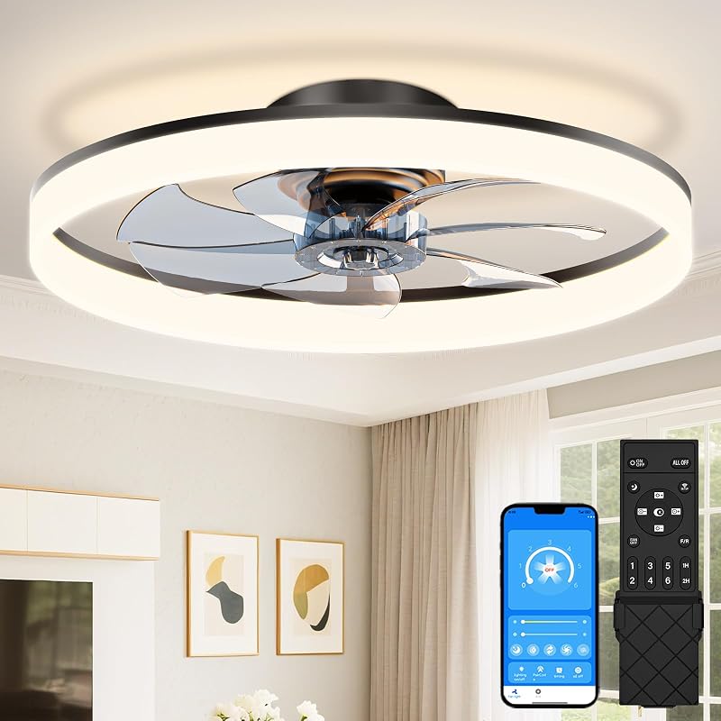 VOLISUN Low Profile Ceiling Fans with Lights and Remote, 24in Fandelier Ceiling Fan Flush Mount, 3000K-6500K Smart Bladeless LED Fan Light, Black Modern Ceiling Fans with Lights for Bedroom