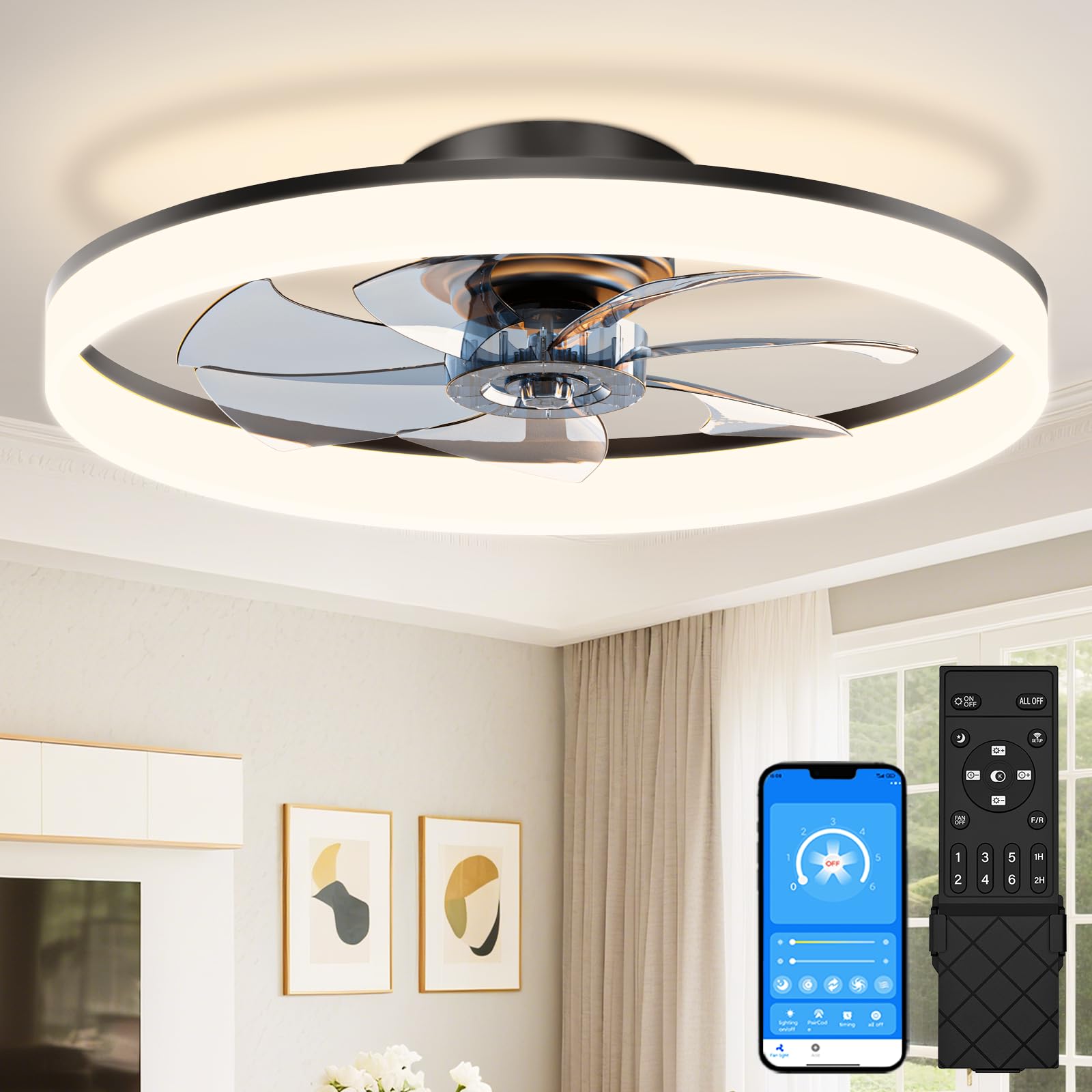 VOLISUN Low Profile Ceiling Fans with Lights and Remote, 24in Fandelier Ceiling Fan Flush Mount, 3000K-6500K Smart Bladeless LED Fan Light, Black Modern Ceiling Fans with Lights for Bedroom