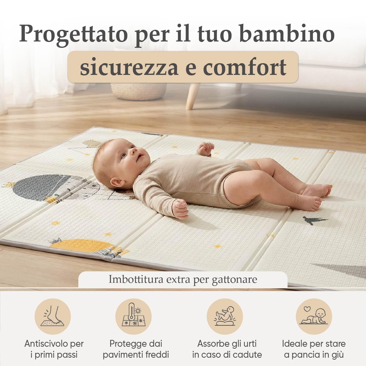 Tappeto Gioco Bambini Pieghevole con Trasportino | Alta Densità XPE Schiuma Non Tossica, Impermeabile e Facilità di Pulizia | Tappeto Neonato Gattonamento da Terra Imbottito 180×120 cm