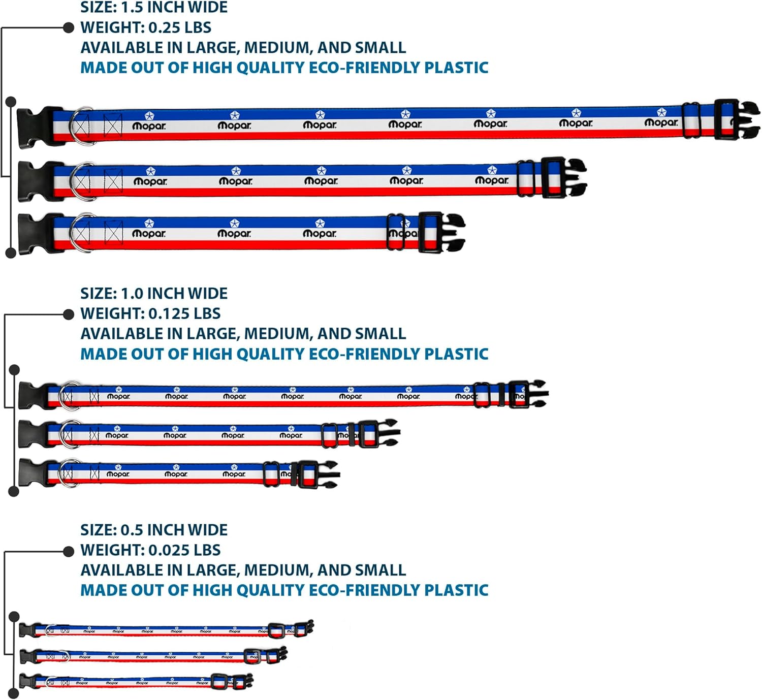 Buckle-Down Dog Collar Plastic Clip Chrysler Mopar Logo Repeat Stripe Blue White Red 13 to 17 Inches 1.5 Inch Wide