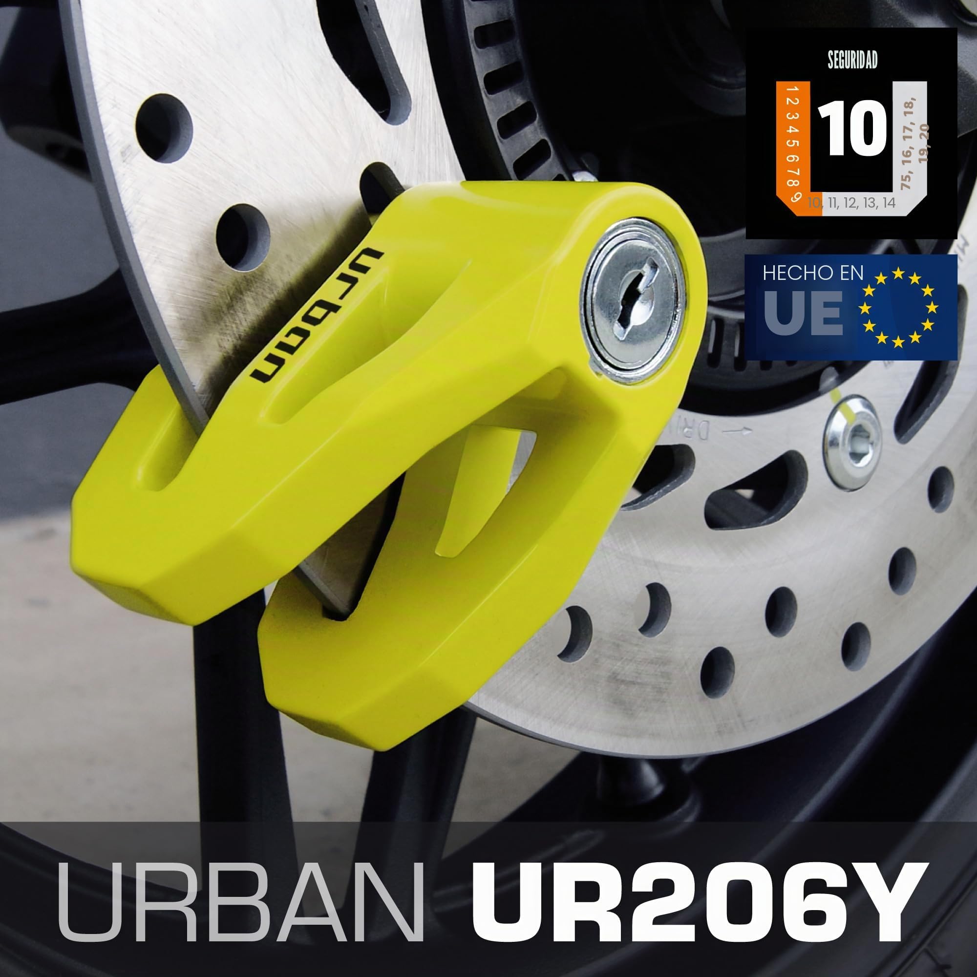 Urban UR206Y Candado Moto Disco, Más Visible Más Disuasorio, ø6mm Diseño Ligero, Seguridad Compacta y Eficaz, Antirrobo Bloqueo Pinza Disco Freno Universal para Moto, Bicicleta, Patinete Electrico
