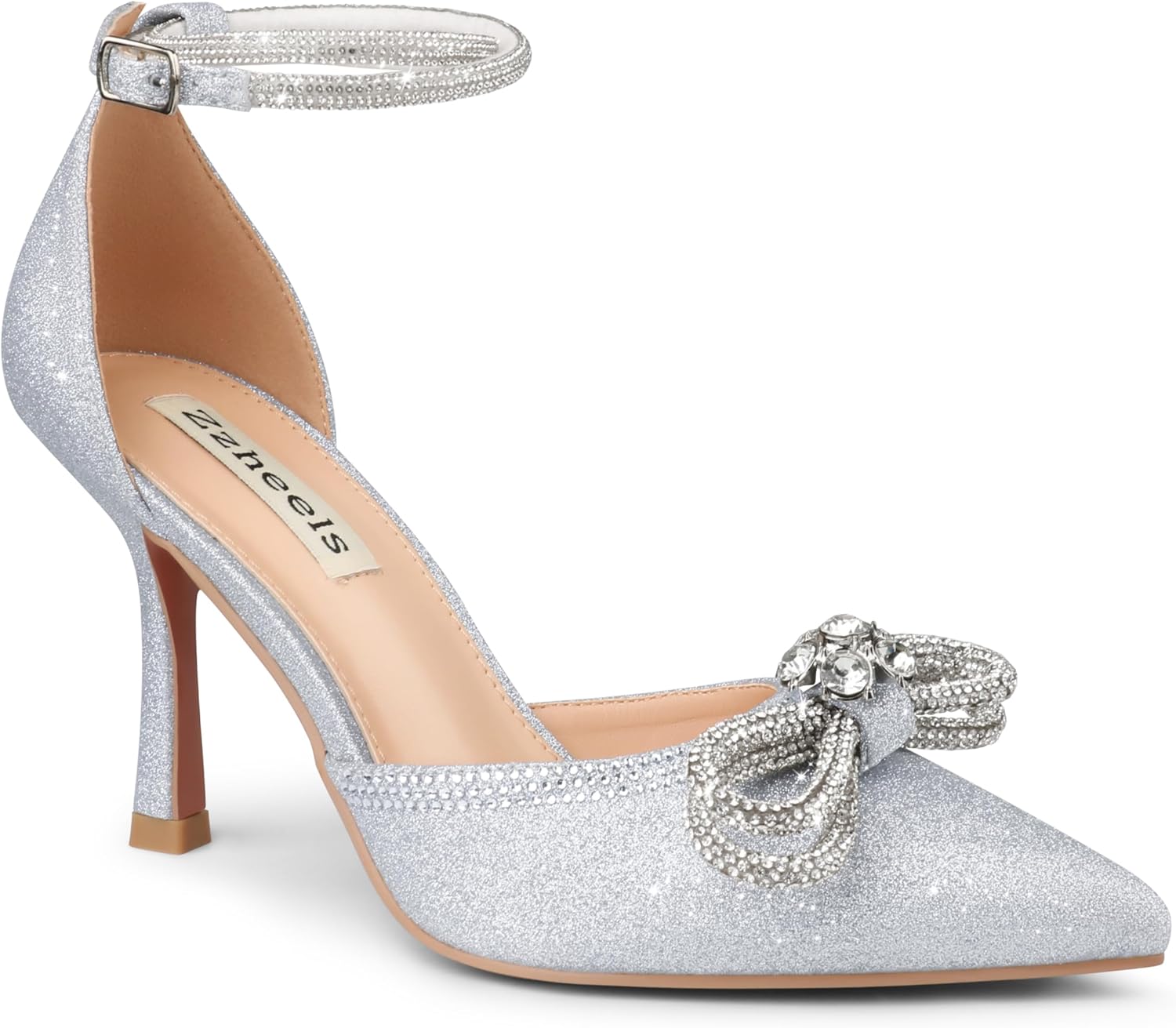 Zzheels Women's Wedding Heels Sparkly Rhinestone Stiletto Pumps Bow Heels Pointed Toe Ankle Strap High Heels Bridal Party Dress Shoes