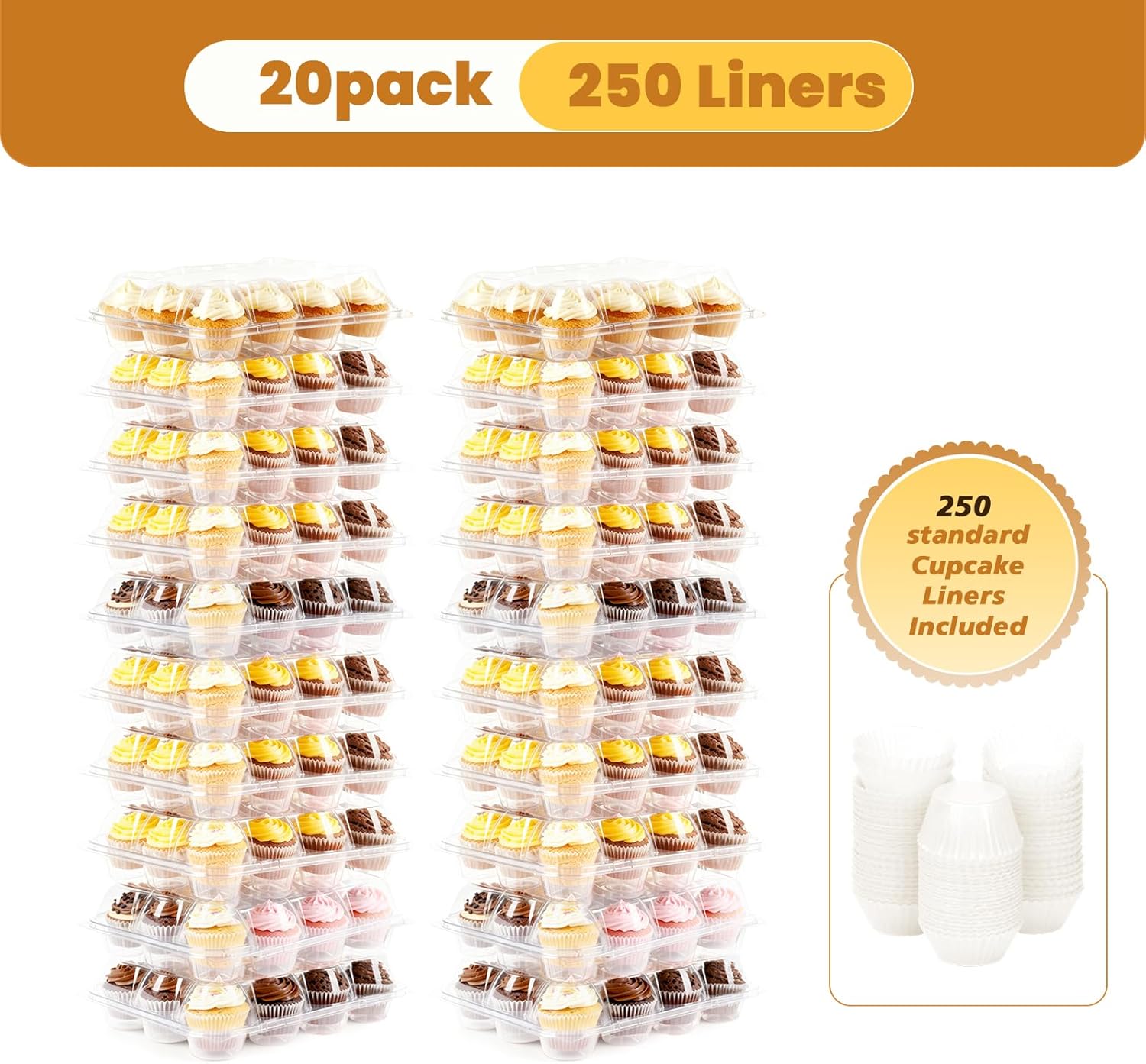 Dayacoco 12 Count Cupcake Containers, 20 Pack Stackable Cupcake Carrier with 250 Pack Cupcake Liners, Plastic Cupcake Boxes Holders, Clear Cupcake Disposable Trays for Baking, Parties, Gifting