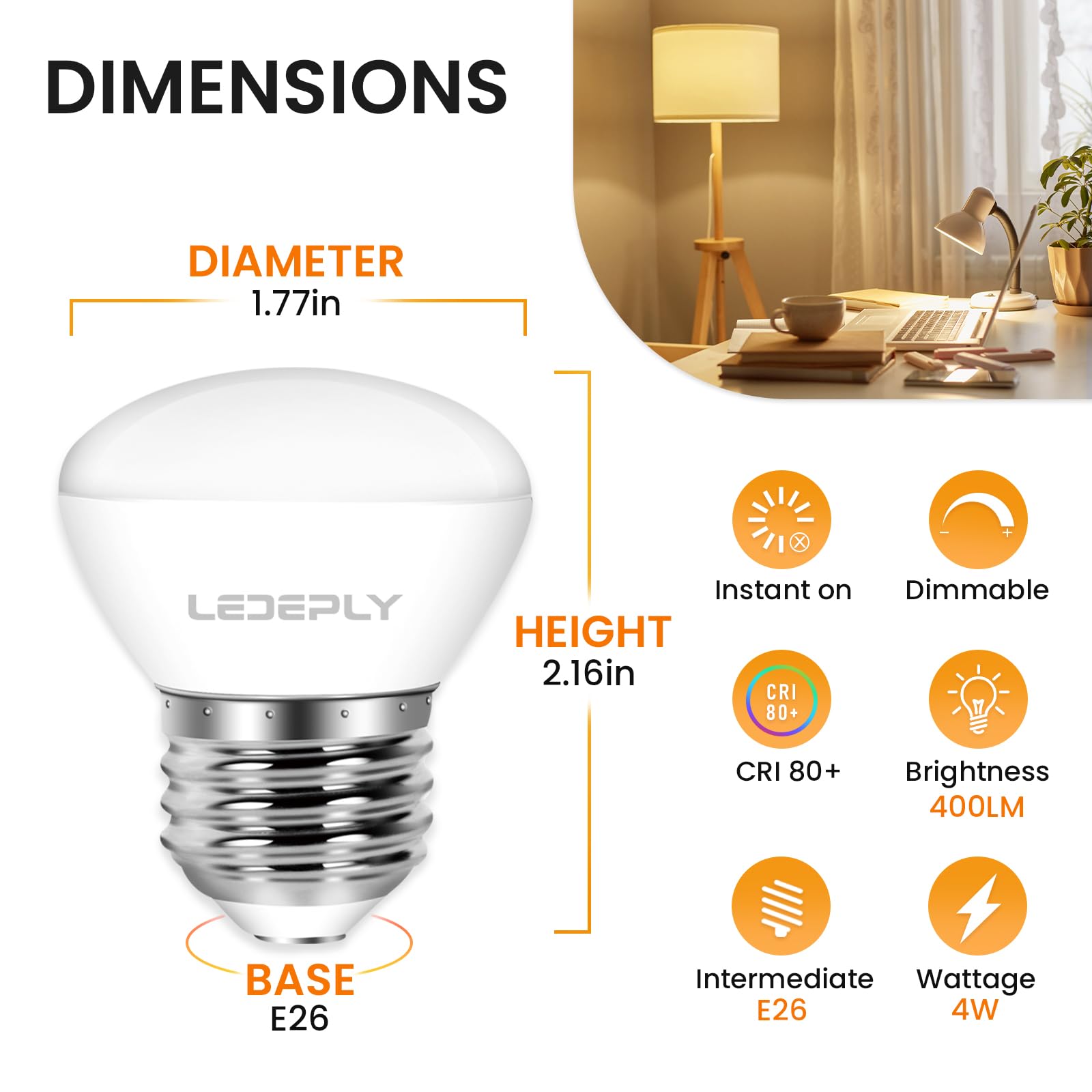 LEDEPLY R14 LED Bulb, 4W=40W, Dimmable, Medium E26 Base, Mini LED