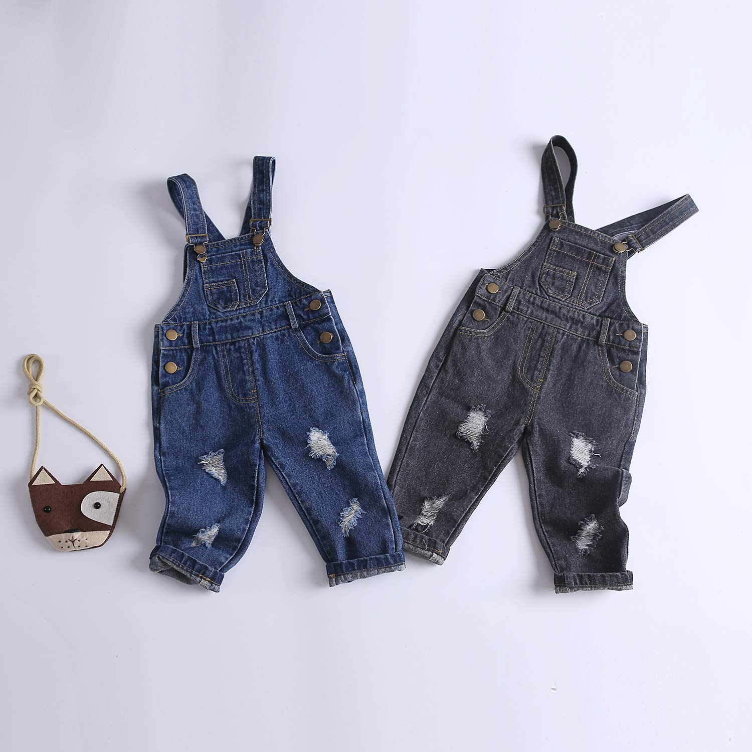 KIDSCOOL SPACE Monos vaqueros rasgados de algodón puro azul / negro para bebés y niños pequeños, Bue, 3-4 años