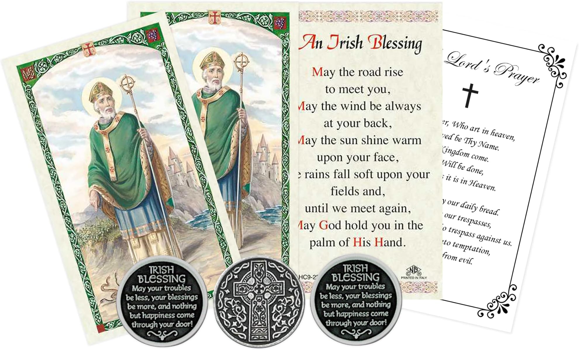 Irish Coin with Irish Prayer Cards - Irish Blessing Tokens, St Patrick Prayer Card, The Lord's Prayer | Celtic Cross Design Irish Tokens, Saint Patrick Prayer Card, Holy Catholic Set of 7 Items