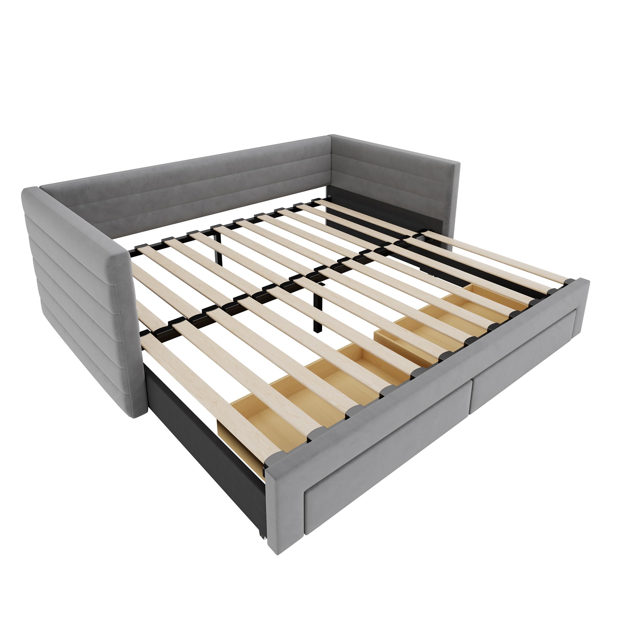 Soweiz Lettino imbottito 3 in 1 divano letto estraibile 90 x 190 cm, letto con cassetti, trasformabile in singolo/matrimoniale con rete a doghe, cotone e lino (senza materasso) (grigio)