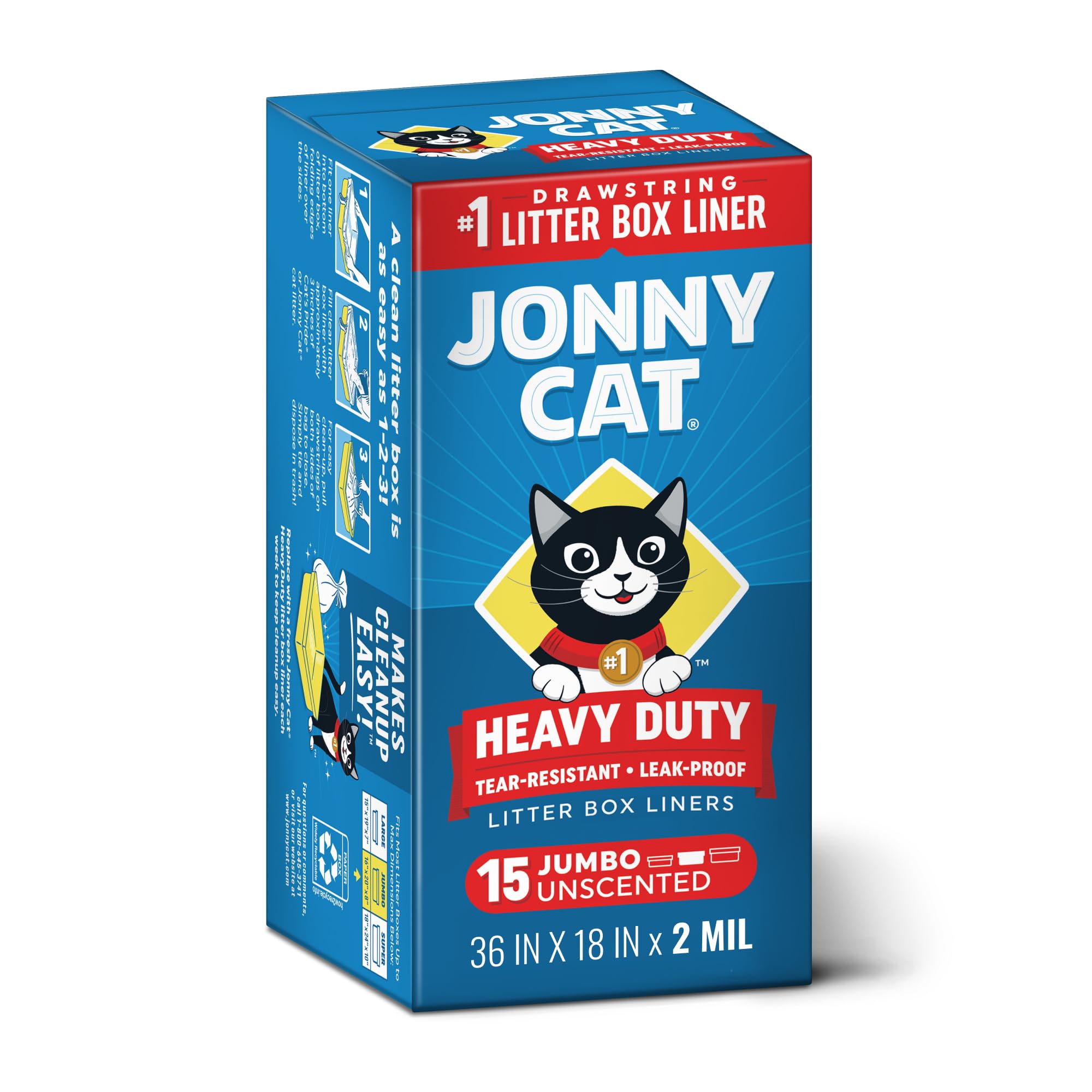Jonny Cat - Bolsas para caja de arena: resistentes a desgarros y fugas, cierre de cordón, tamaño grande, 15 unidades