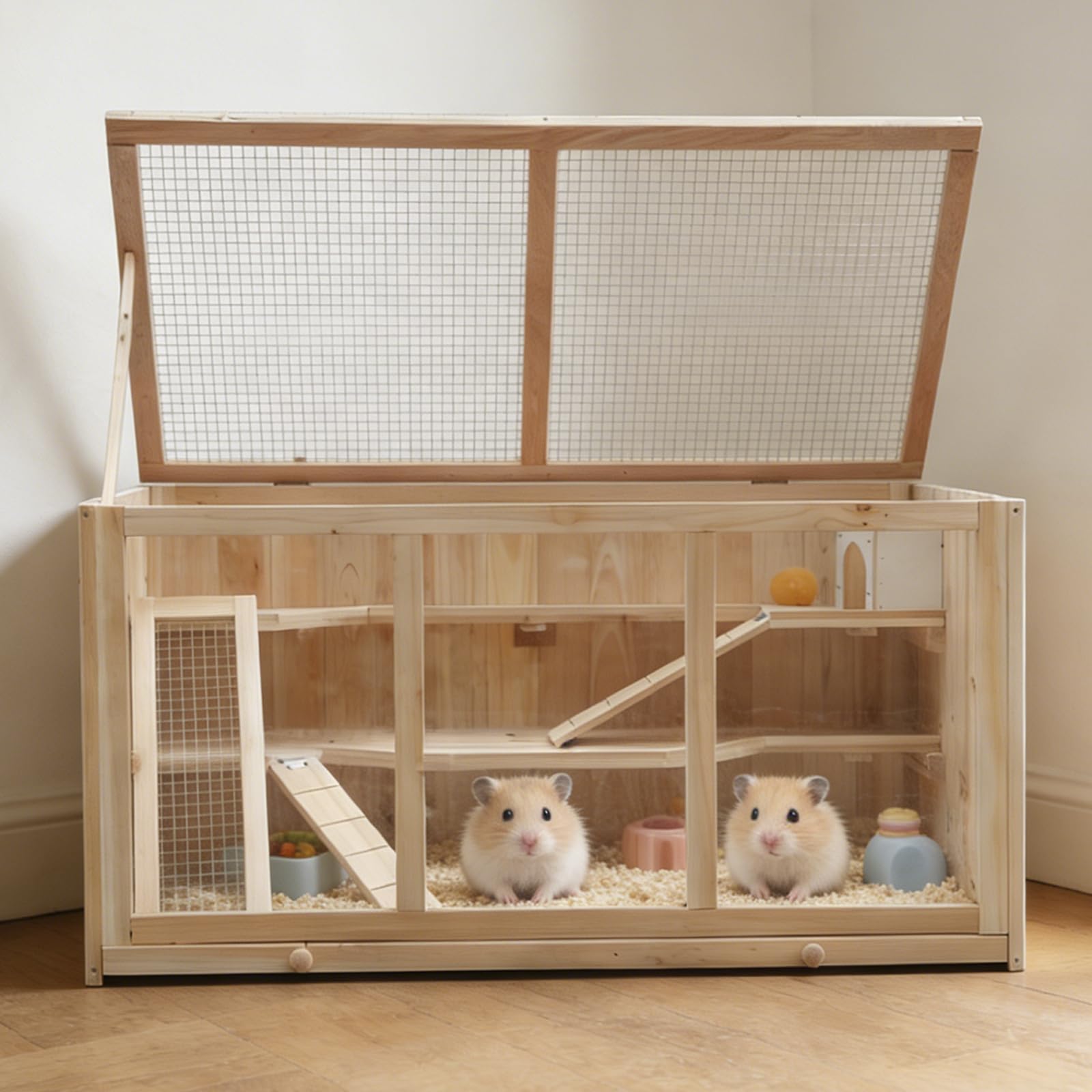 Hamsterkäfig aus Tannenholz, 94,5 x 48,5 x 49,5 cm, mit Plattformen, Leiter und Hütte