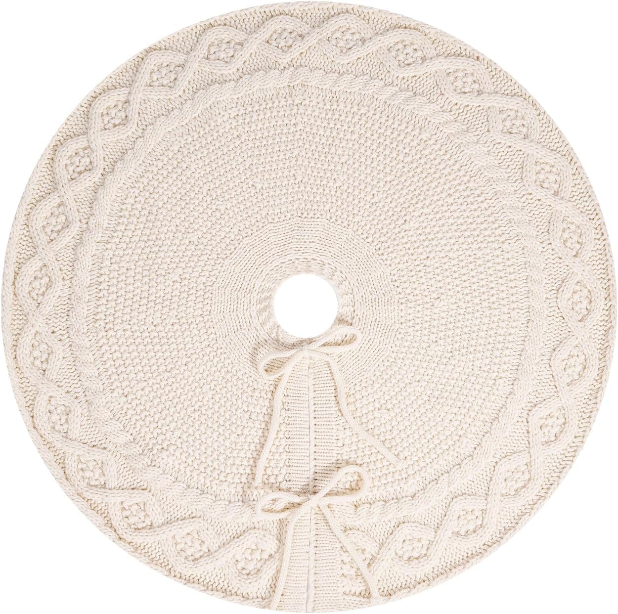 24 Inch Christmas Tree Skirt, Ivory White Knitted Tree Skirt, Vintage Rustic Farmhouse Christmas Decorations Home Party Holiday Xmas Ornaments