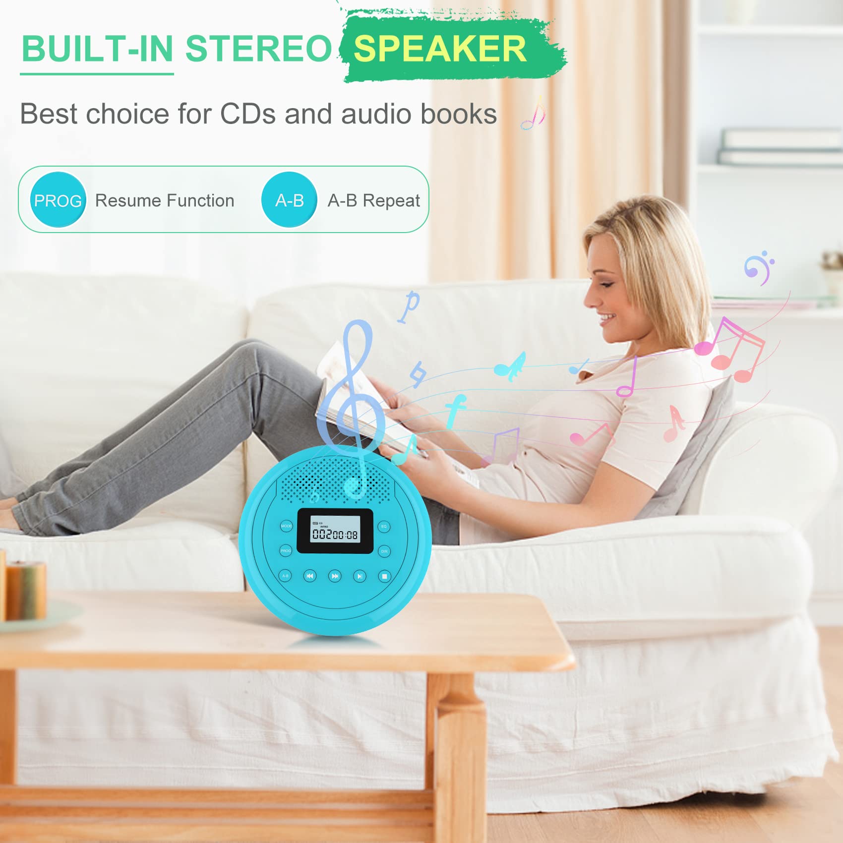 Tragbarer Klein CD Player mit Lautsprecher für Auto Hörbücher Musikhören | Anti-Skip, 1400mAh Akku für 10 Stunden Spielzeit, Unterstützung der TF Card