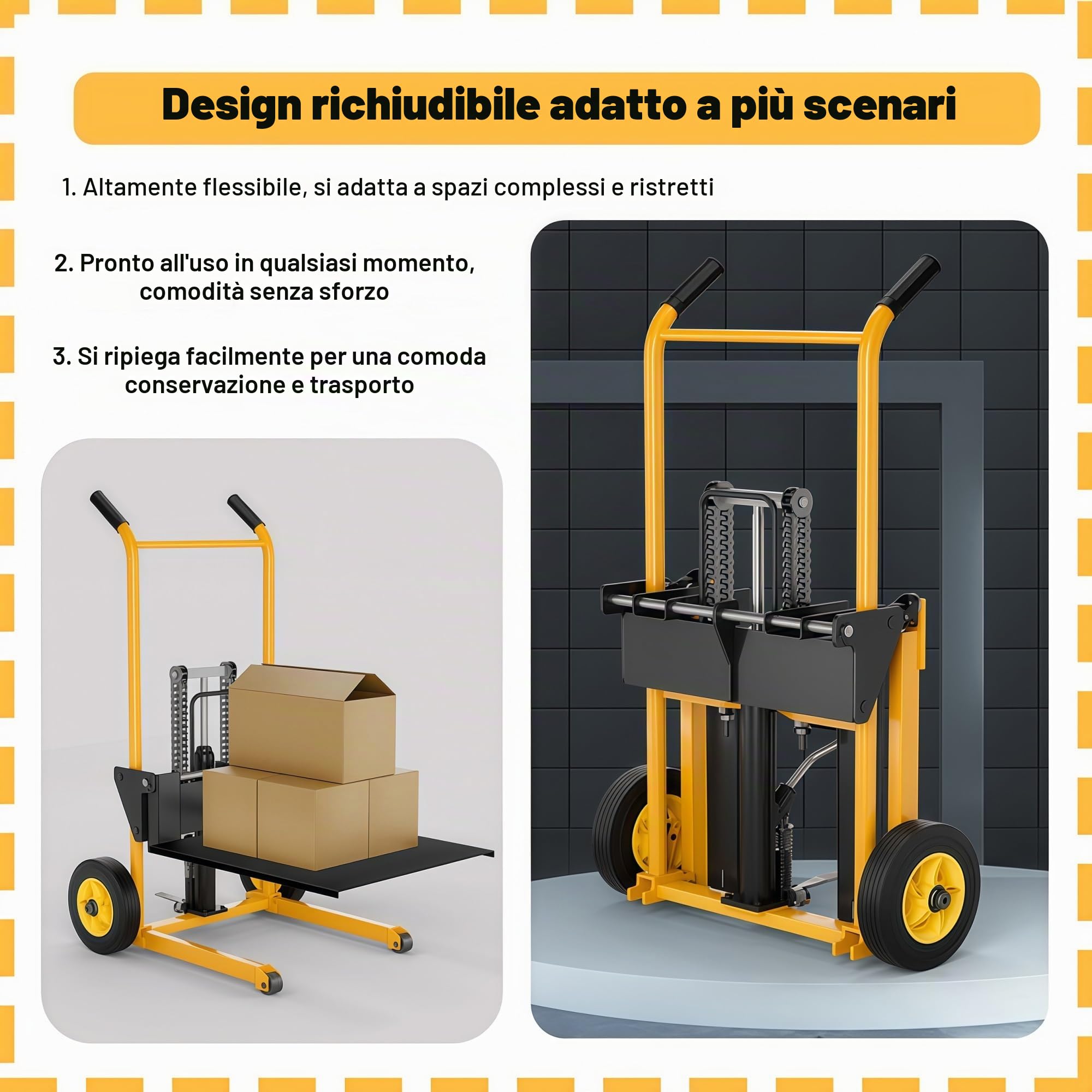 Transpallet manuale con funzione di sollevamento, portata 440 libbre, adatto alla movimentazione di merci in piccole imprese e ambienti industriali.
