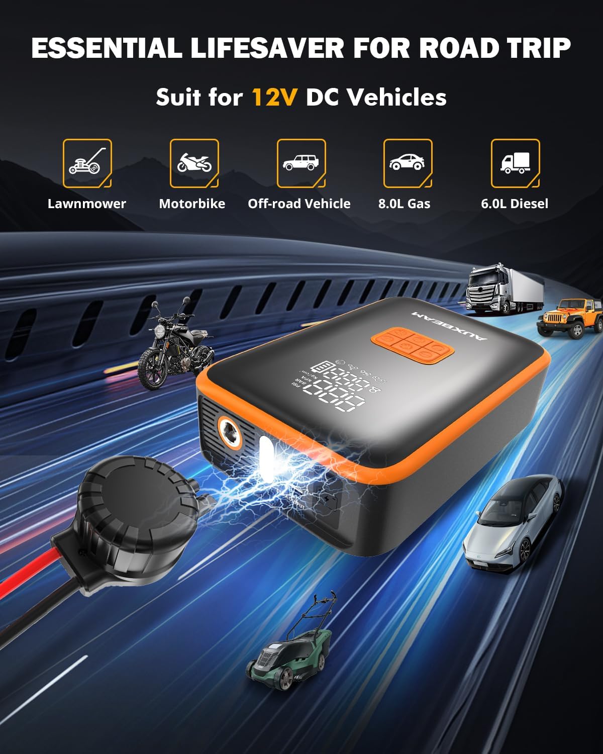 Auxbeam Car Battery Jump Starter 3500A Portable Jump Pack with Air Compressor for Up to 8 Gas/4.0L Diesel Engines 12V Car Jumper with 3 Modes Flashlight