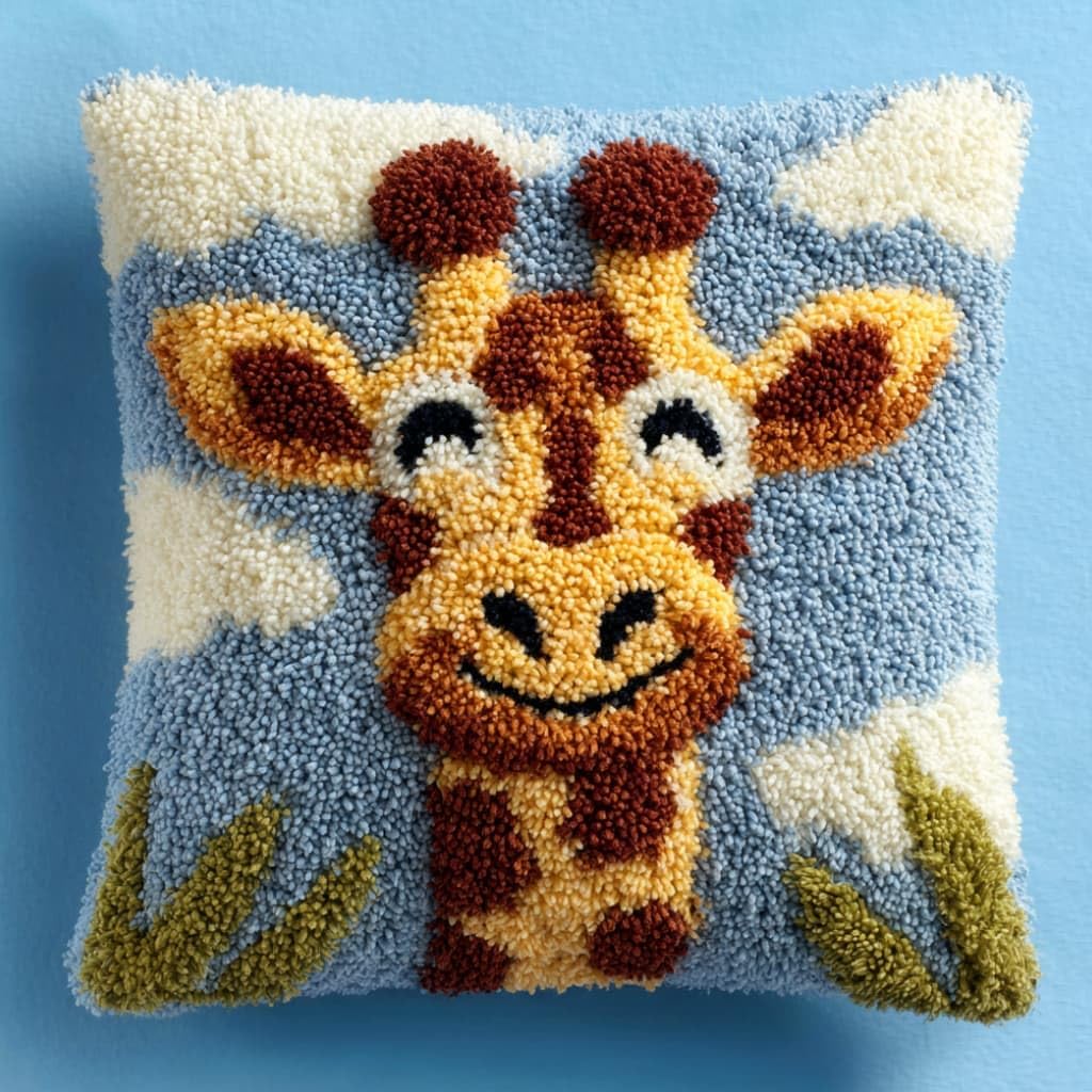 Taxpy Latch Hook Cushion Kits Giraffe Pillowcase Kits Embroidery Kit 17X17 Inch DIY Needlework Pillow Cover Sofa Cushion Rug Making