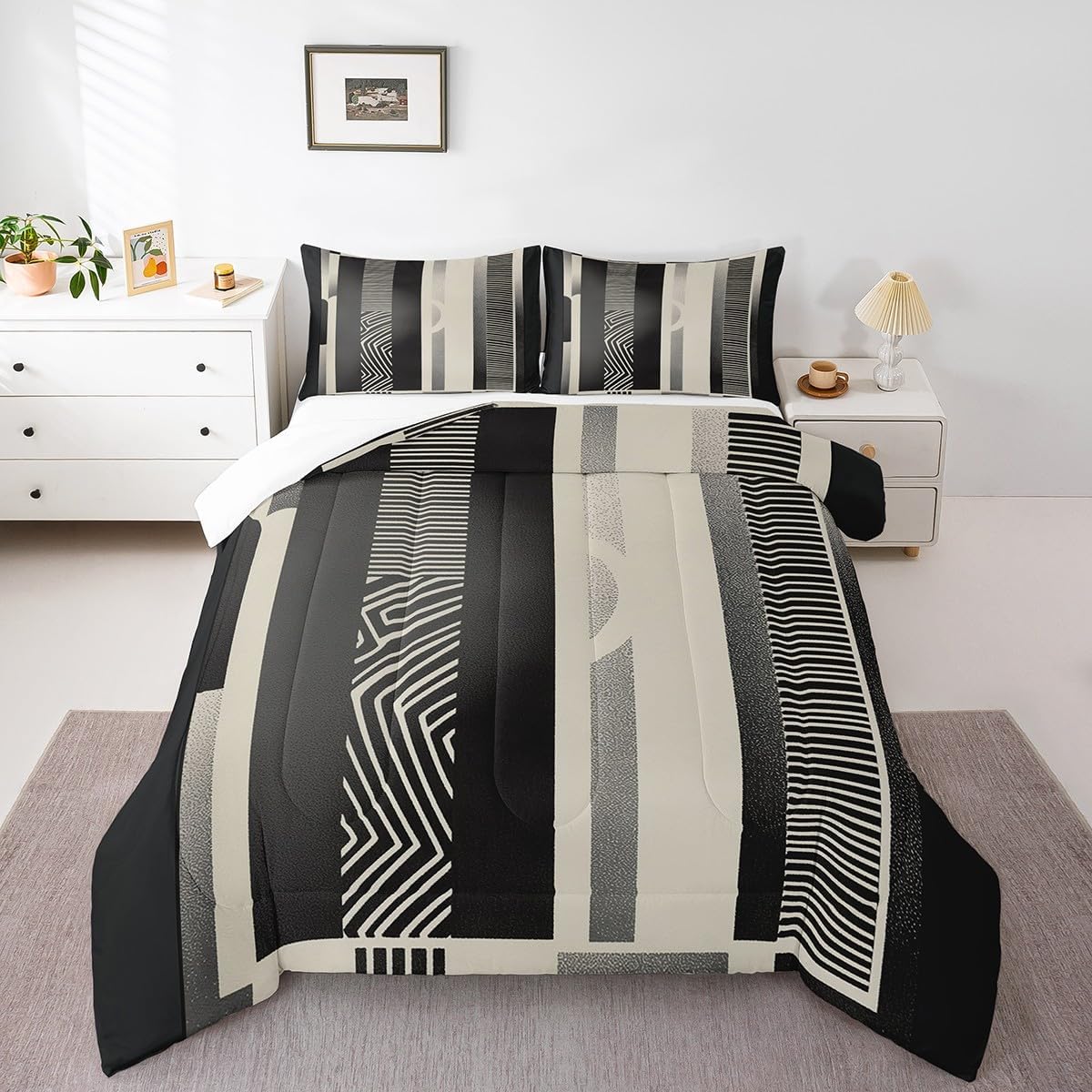 Homewish Black Beige Lines Comforter Set Queen Size 3 Pcs Gradient Patchwork Geometric Stripes Bedding Sets for Kids Teens Adults Simple Retro Grid Decorative Down Comforter with 2 Pillowcases