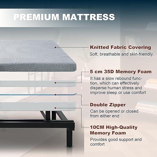 Miniatura 4 de Base de cama ajustable con colchón para personas mayores, cama elevadora eléctrica con control remoto con cable, inclinación de cabeza y pie, rieles