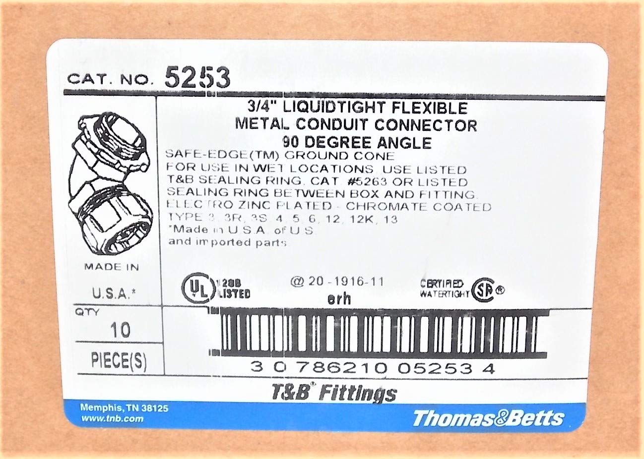 Thomas and Betts 5253 Liquidtight Connector (Pack of 10) 90 Degree, 3/4 Inch