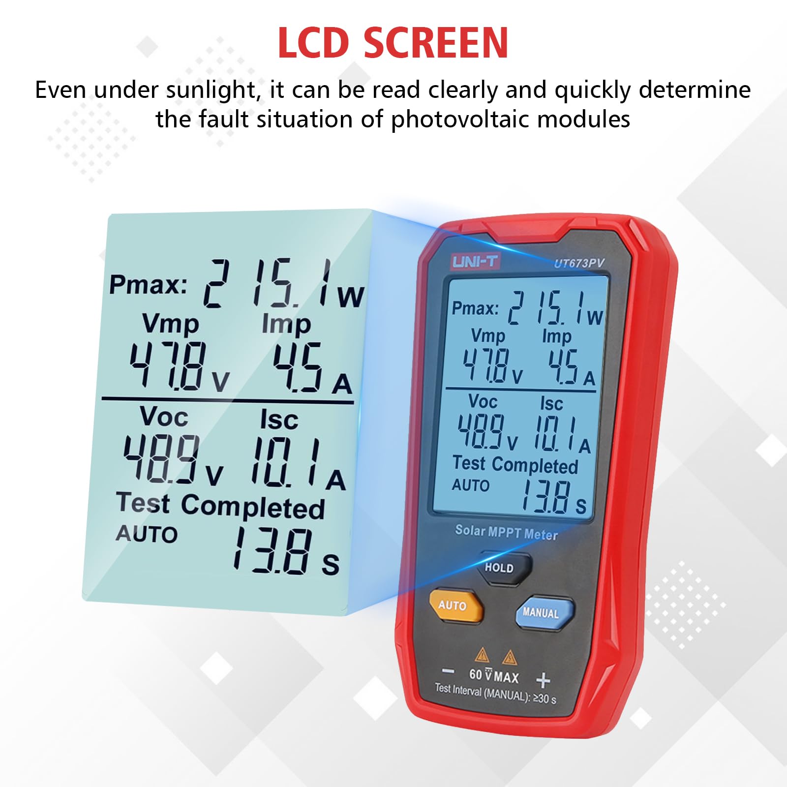 Solarpanel Tester, UT673PV 800W Photovoltaik Multimeter mit LCD-Display, Photovoltaik Solarpanel tester Leistungsmessgerät, Smart MPPT Leerlaufspannungs Fehlerbehebung, kein Strom erforderlich