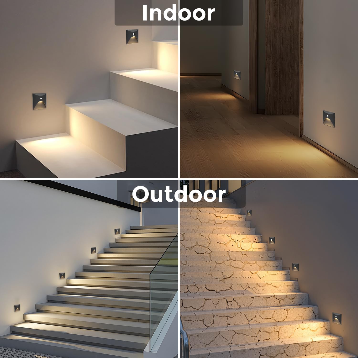 Arotelicht 4er 3W LED Treppenlicht mit Bewegungsmelder Warmweiß 3000K Aluminium Einbaustrahler 230V Eckig Wandeinbauleuchte Treppenleuchte Wasserdicht Innen Außen Schwarz Stufenlicht, Ø60mm