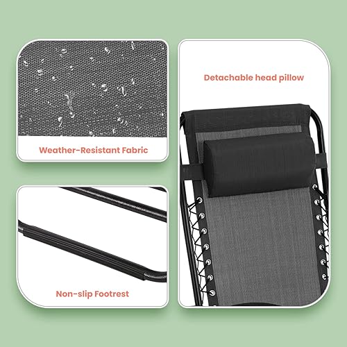 Miniatura 6 de PayLessHere Juego de 2 sillas de descanso ajustables de gravedad cero, silla de playa plegable con almohada extraíble y soporte para tazas para