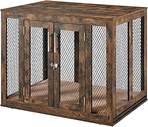 unipaws 38.5 Inch Large Dog Crate Furniture with Tray, Wooden Kennel Pet House Dog Cage with Door, Modern Decorative Dog Crate End Side Table Nightstand, Rustic