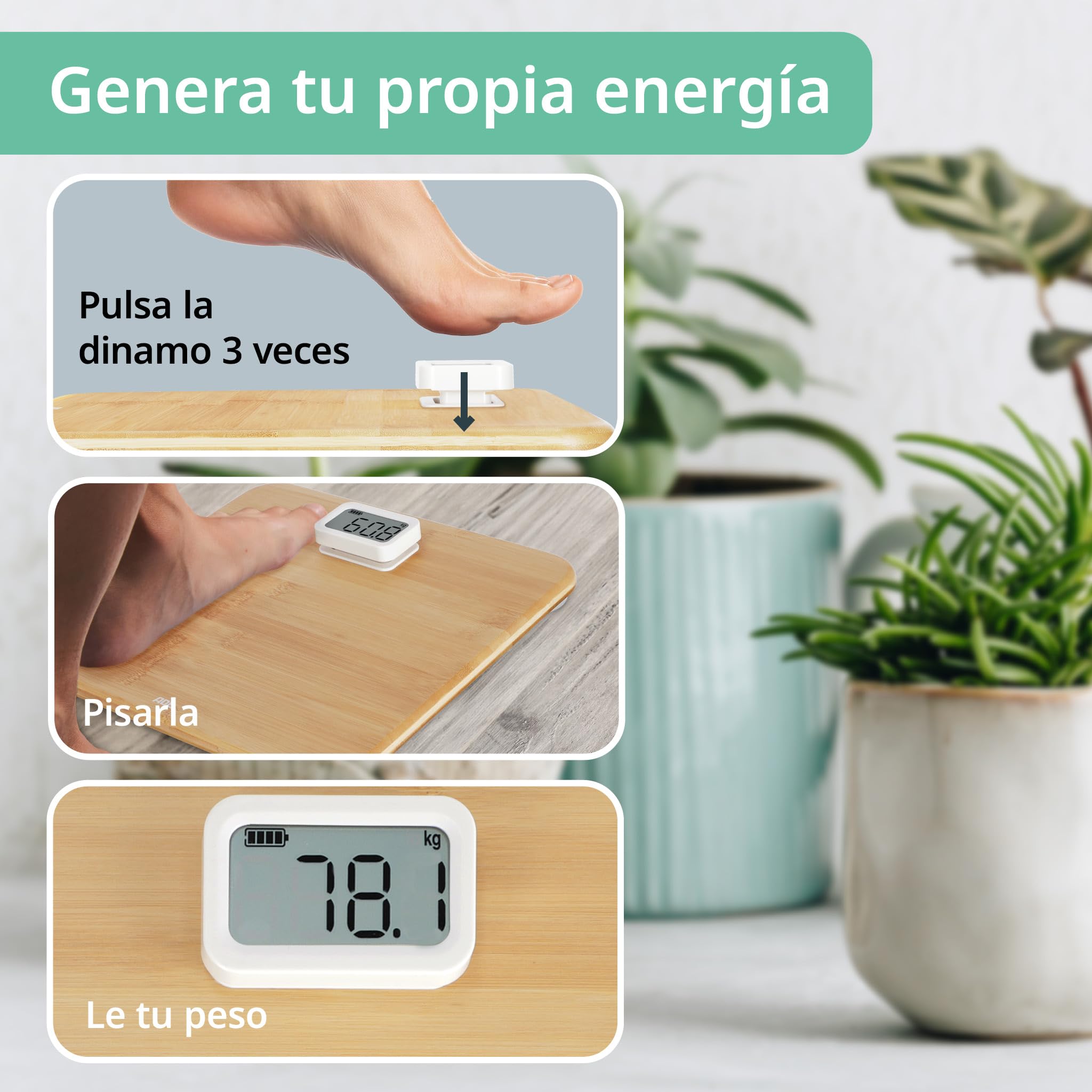 ADE Báscula corporal digital sin pilas | con dinamo respetuoso al medio ambiente | resultados de pesaje precisos en pasos de 100 g | superficie de pesaje de auténtica madera de bambú | hasta 150 kg