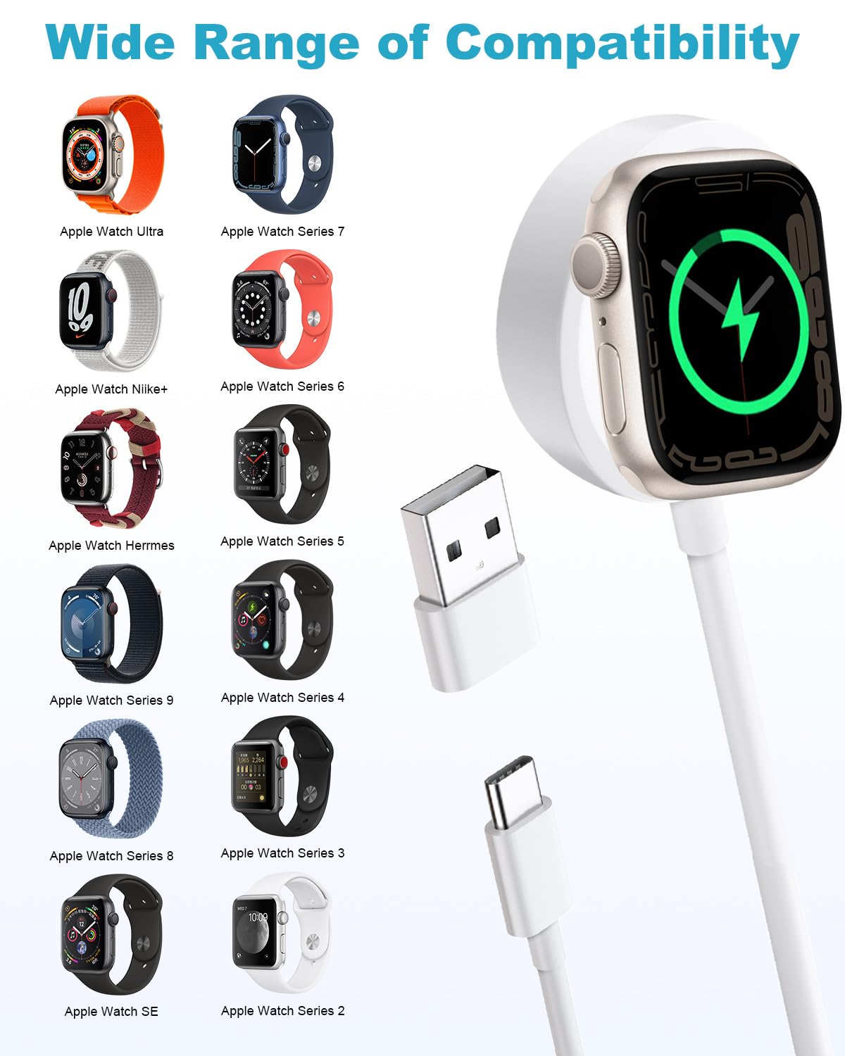 Kabel do ładowania Apple Watch, ładowarka Apple Watch 2M USB-C magnetyczna stacja dokująca, kabel ładowarki Apple Watch do Apple Watch Seria 10/9/8/7/6/5/4/3/2/SE/Ultra