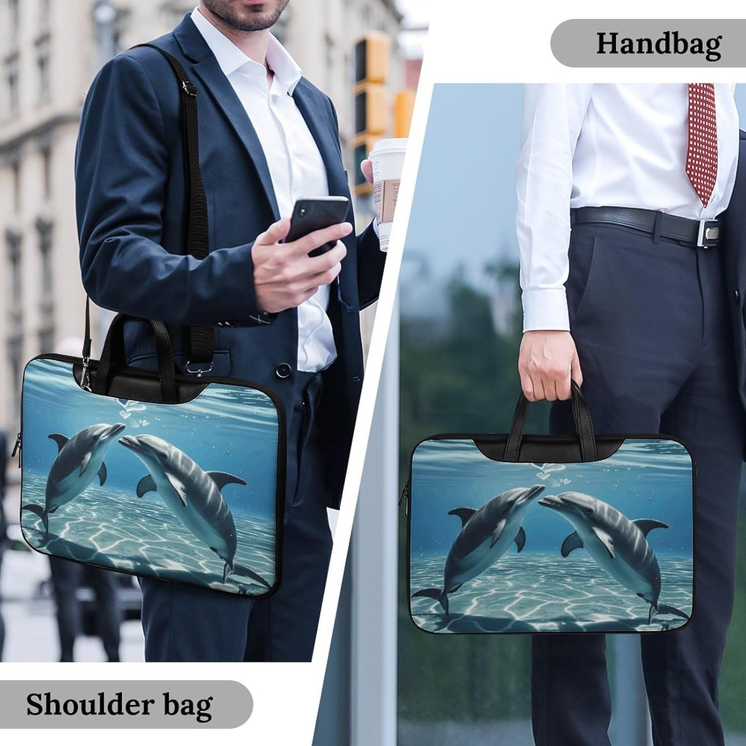 Dolphins in Love 42x30.5cm Black-style Laptop Bag Leather Tablet Computer Briefcase Large Capacity Work Business Tote Bags for Office