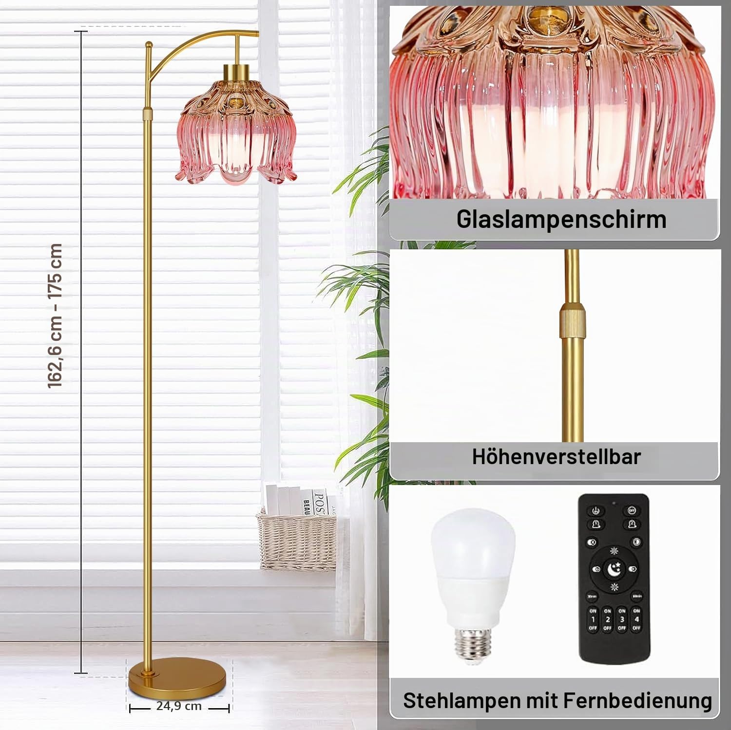 QIYIZM Pinke Stehlampe für Wohnzimmer, Schlafzimmer, goldfarben, dimmbar, Stehleuchte mit Fernbedienung, Mitte des Jahrhunderts, moderne Messing-Lampe, Boho-Stehlampen, Bogen, Buntglas, Blume