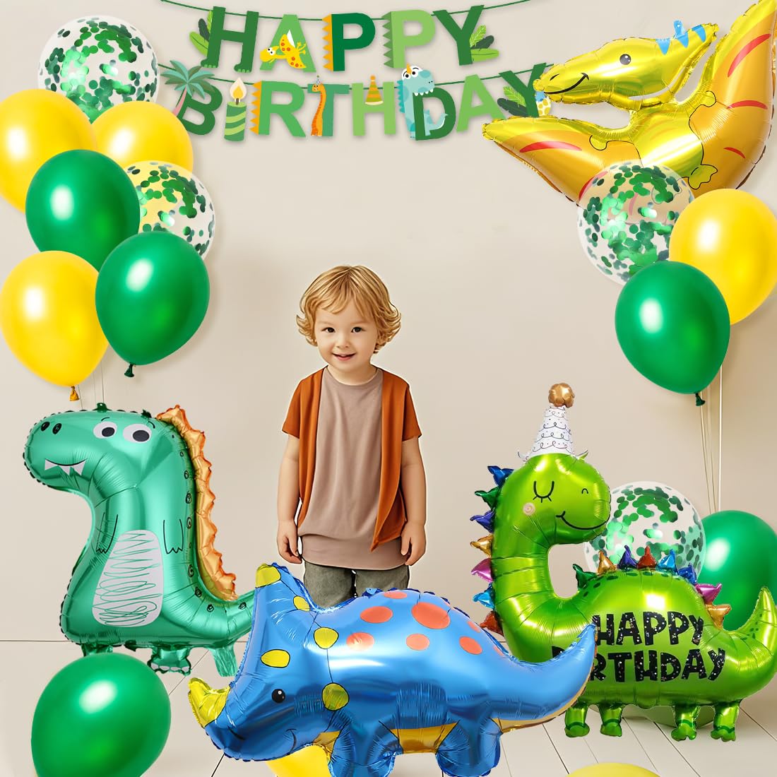 Palloncini Dinosauri Compleanno 4 Anni, XXL Dinosauri Festa Decorazioni, Palloncino Numero 4 con Happy Birthday Striscione, per Festa Compleanno Dinosauro Bambino