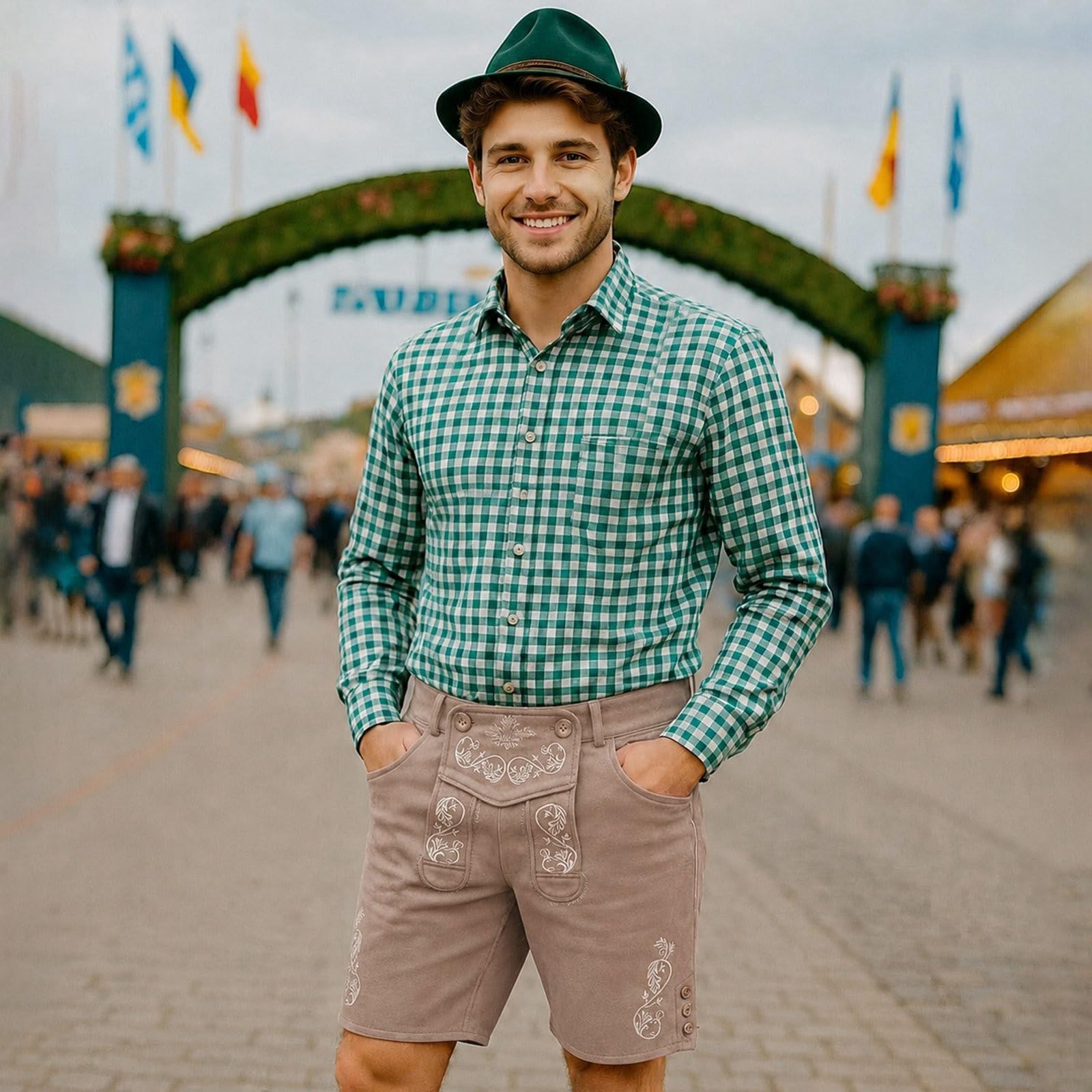 Generisch Elegante fiesta de cerveza caballero para actuaciones escénicas, eventos de fiesta, traje tradicional tradicional con pantalones de gamuza, sombrero de vaquero